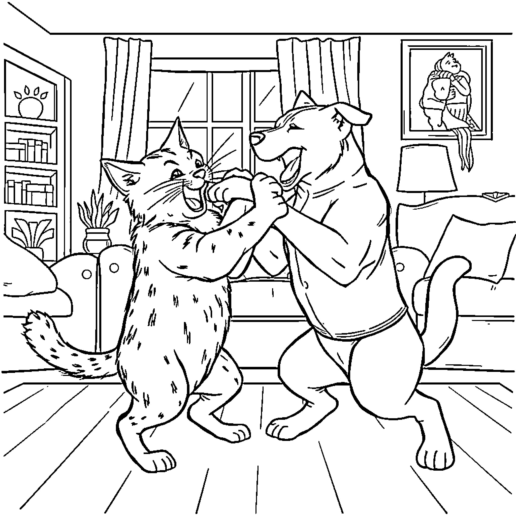 Cat and Dog Playing in Living Room Coloring Page (free black-and-white line drawing printable PDF for all, from beginners to advanced learners, including children, teens, adults, and seniors)