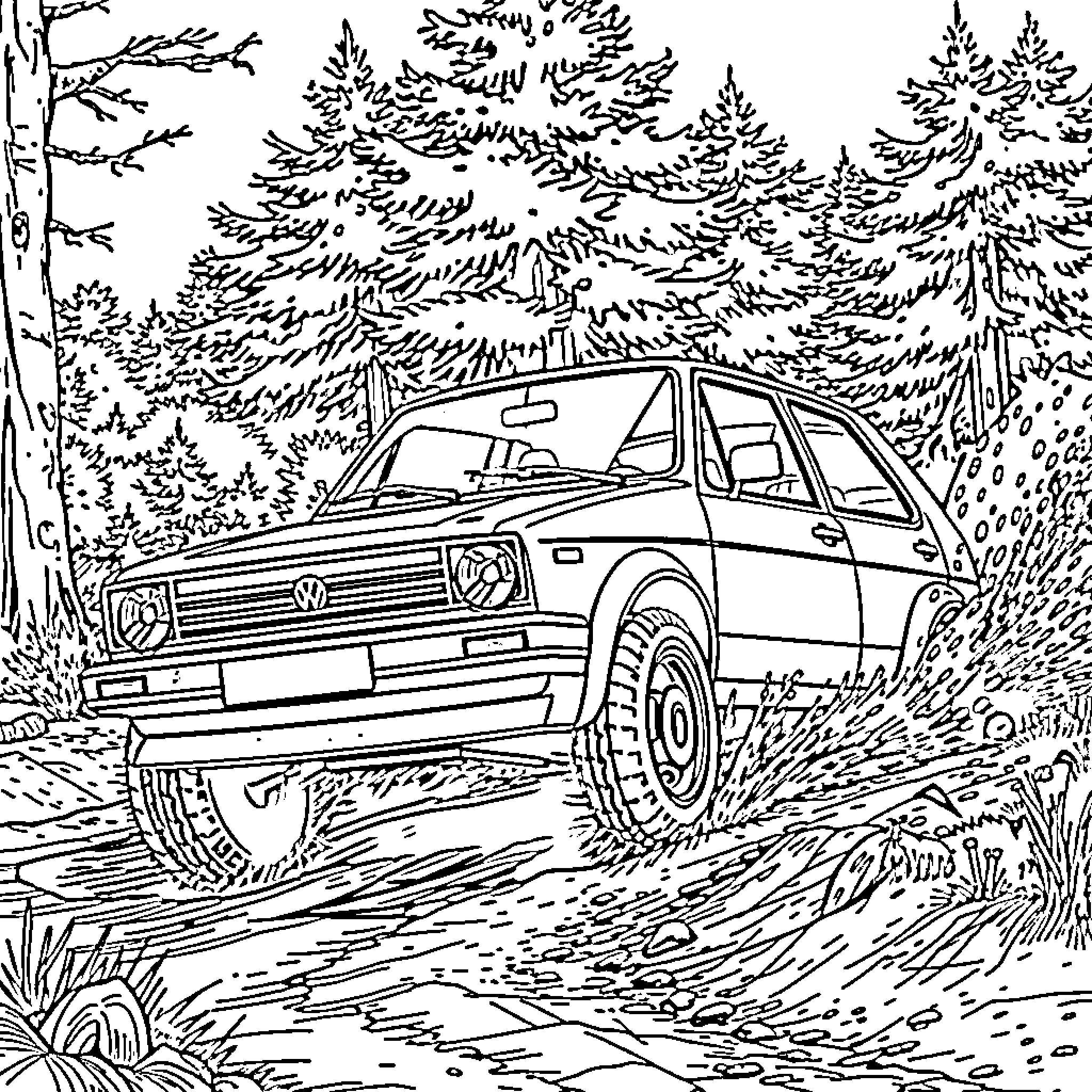 Volkswagen driving through the forest Coloring Page (free black-and-white line drawing printable PDF for all, from beginners to advanced learners, including children, teens, adults, and seniors)