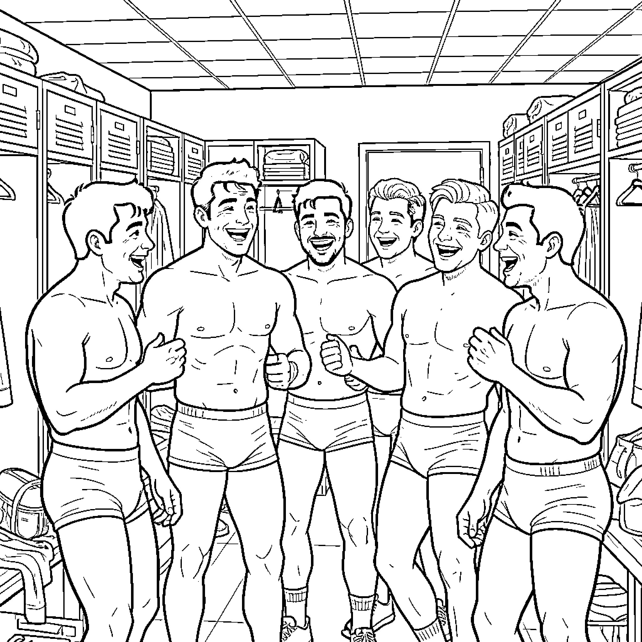 Wrestlers celebrating victory in the locker room Coloring Page (free black-and-white line drawing printable PDF for all, from beginners to advanced learners, including children, teens, adults, and seniors)