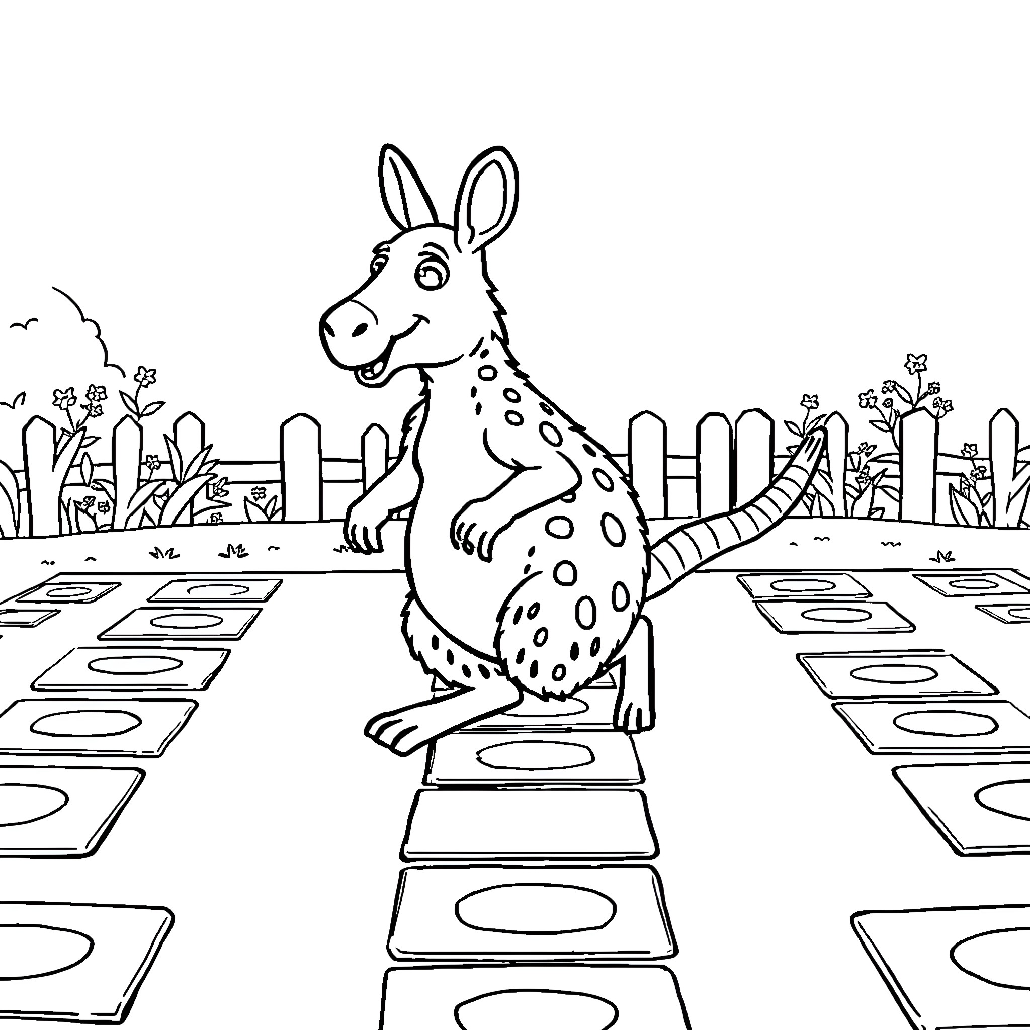 Aardvark jumping on stepping stones in garden Coloring Page (free black-and-white line drawing printable PDF for all, from beginners to advanced learners, including children, teens, adults, and seniors)