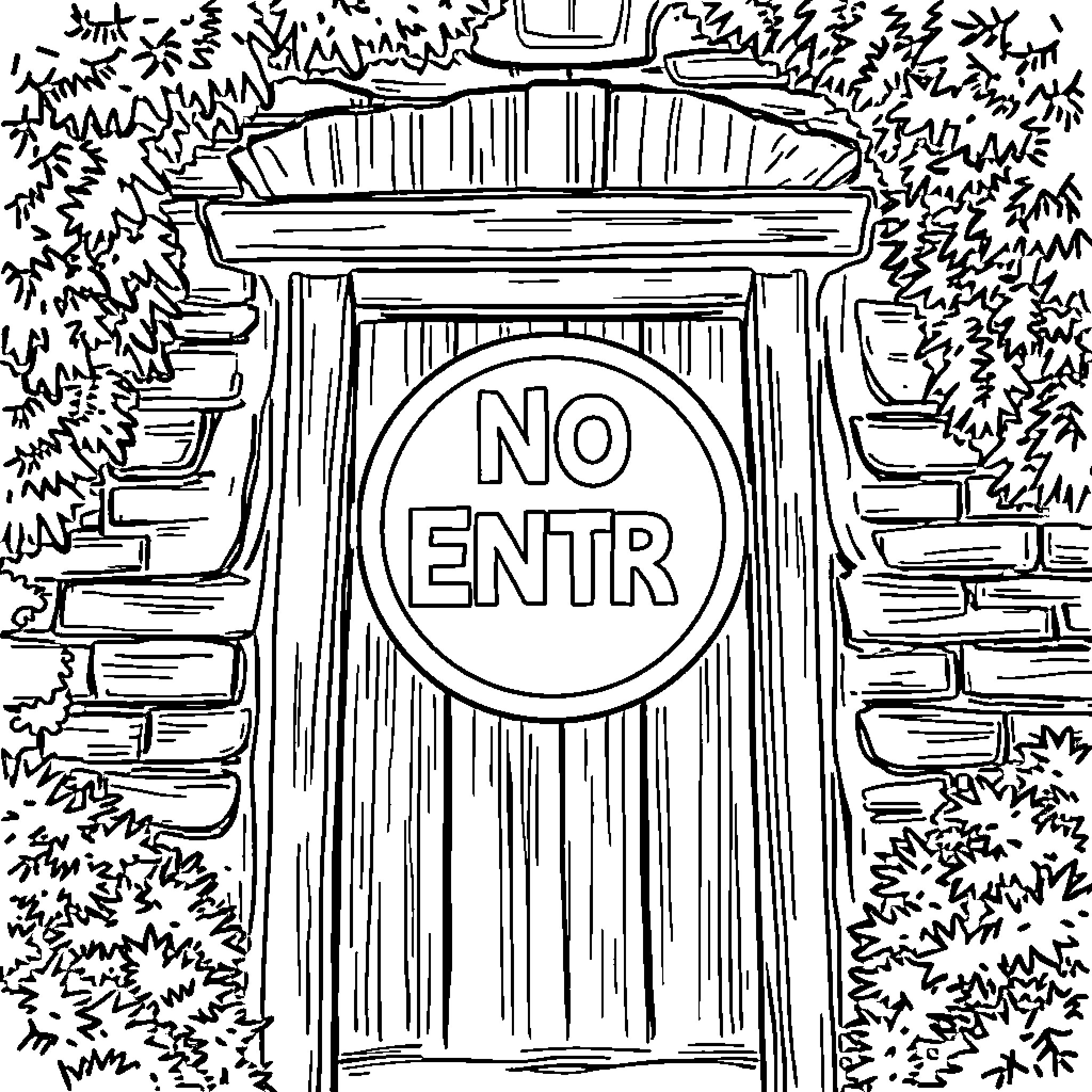 No Entry: Closed Entrance with Brick Wall and Foliage Coloring Page (free black-and-white line drawing printable PDF for all, from beginners to advanced learners, including children, teens, adults, and seniors)
