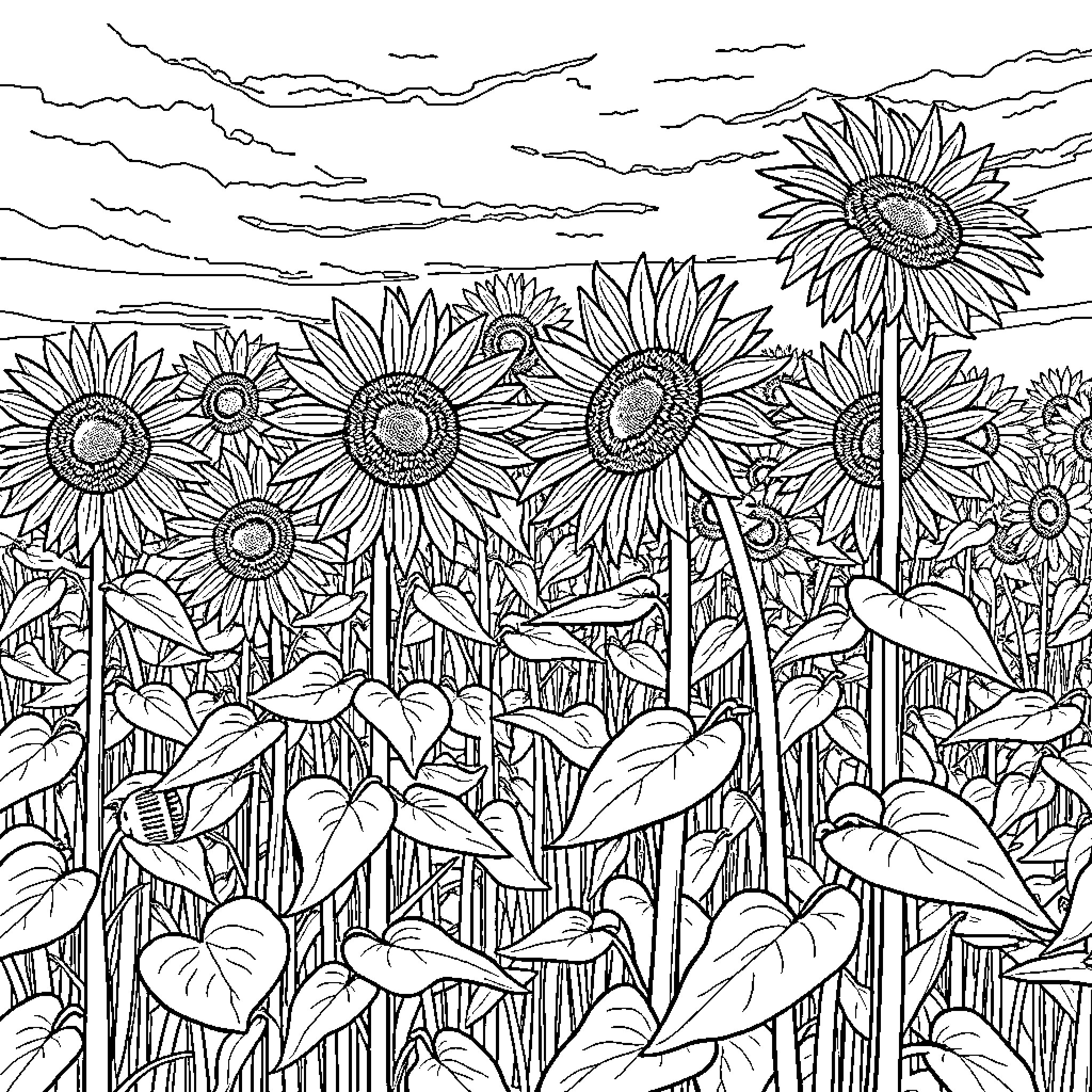 Sunflower Field with Vibrant Blossoms and Lush Foliage Coloring Page (free black-and-white line drawing printable PDF for all, from beginners to advanced learners, including children, teens, adults, and seniors)