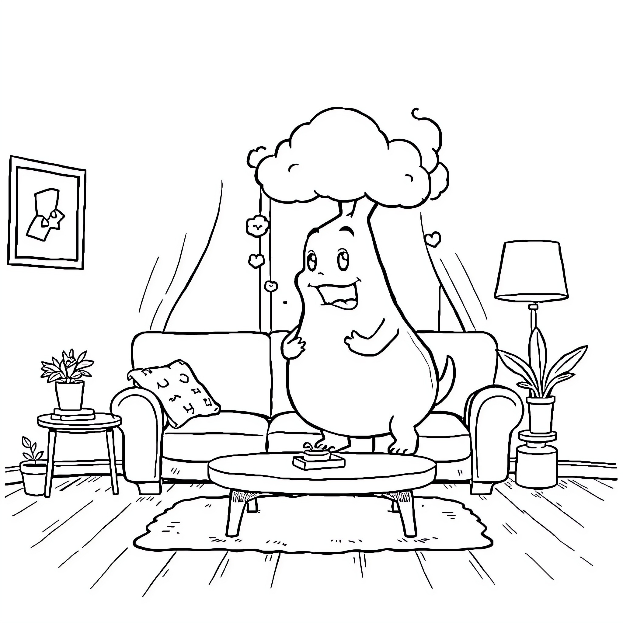 Bluey relaxing with friends in cozy living room Coloring Page (free black-and-white line drawing printable PDF for all, from beginners to advanced learners, including children, teens, adults, and seniors)