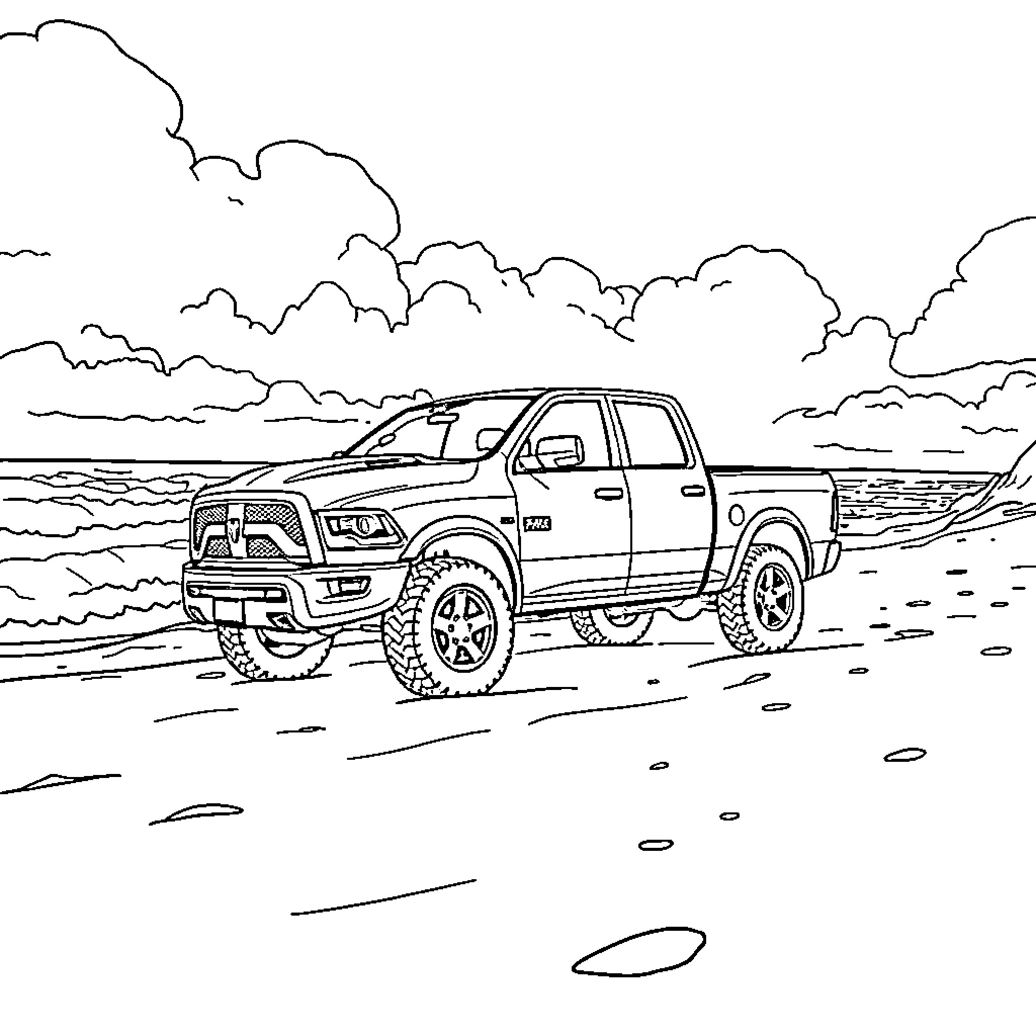 Ram truck traversing rugged terrain Coloring Page (free black-and-white line drawing printable PDF for all, from beginners to advanced learners, including children, teens, adults, and seniors)