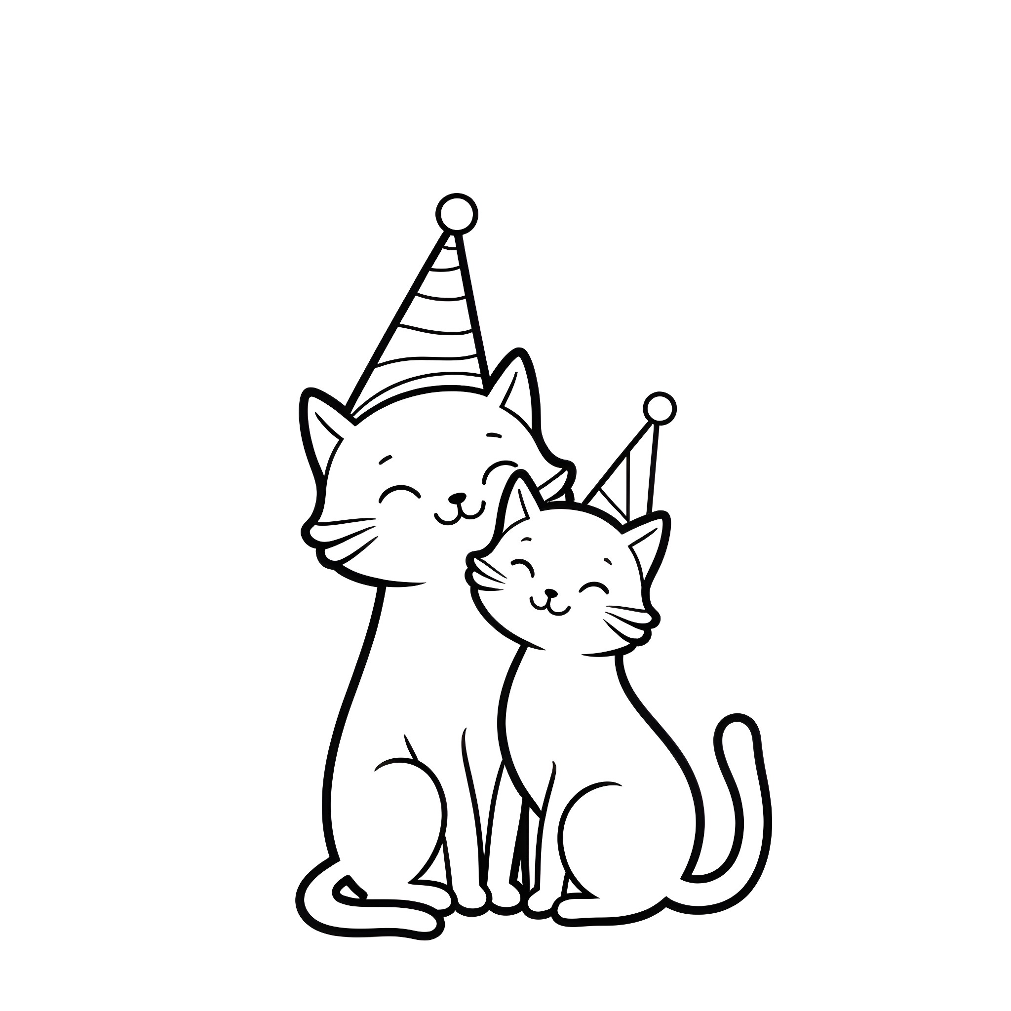 Cats celebrating in party hats Coloring Page (free black-and-white line drawing printable PDF for all, from beginners to advanced learners, including children, teens, adults, and seniors)