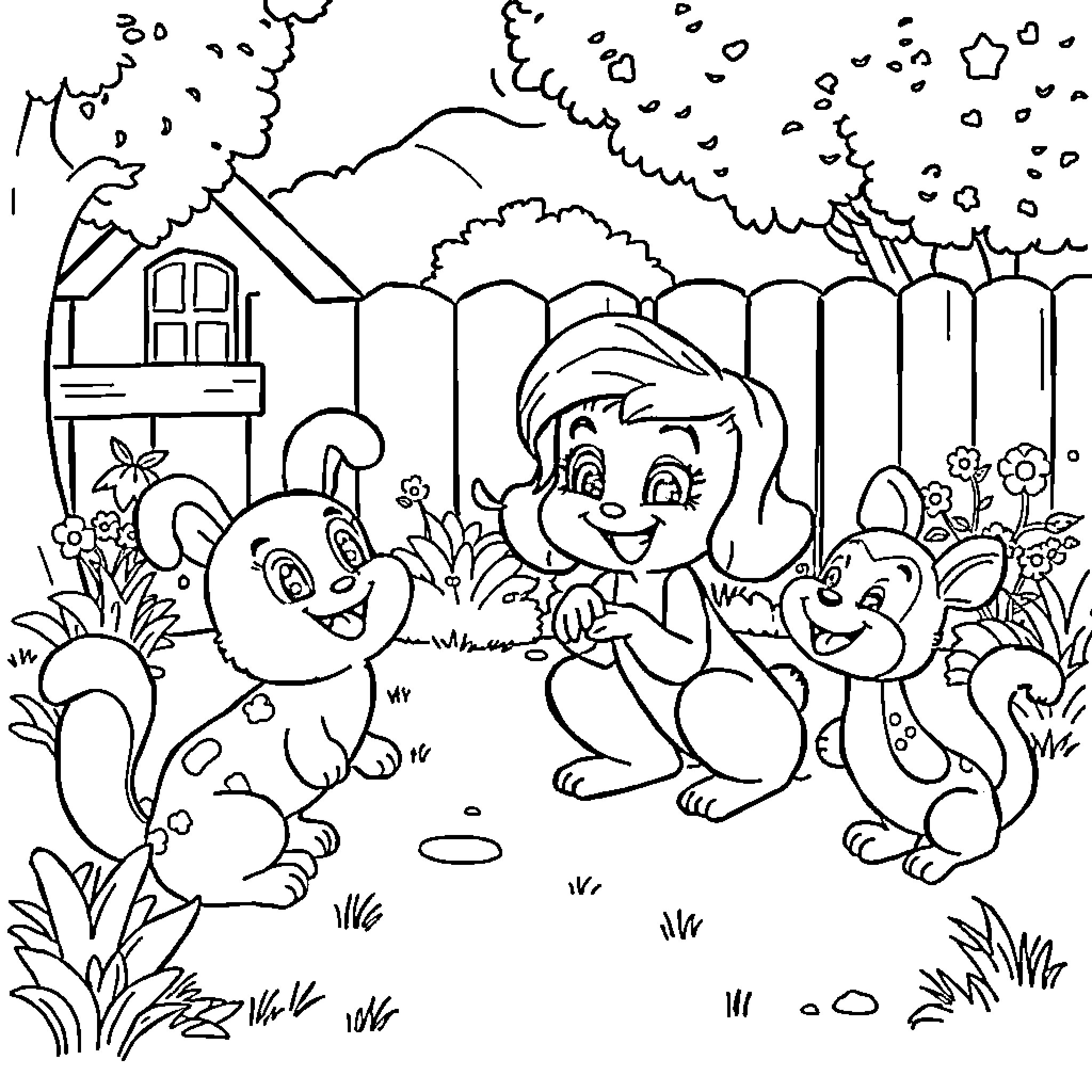 Bluey and friends in a playful outdoor scene Coloring Page (free black-and-white line drawing printable PDF for all, from beginners to advanced learners, including children, teens, adults, and seniors)