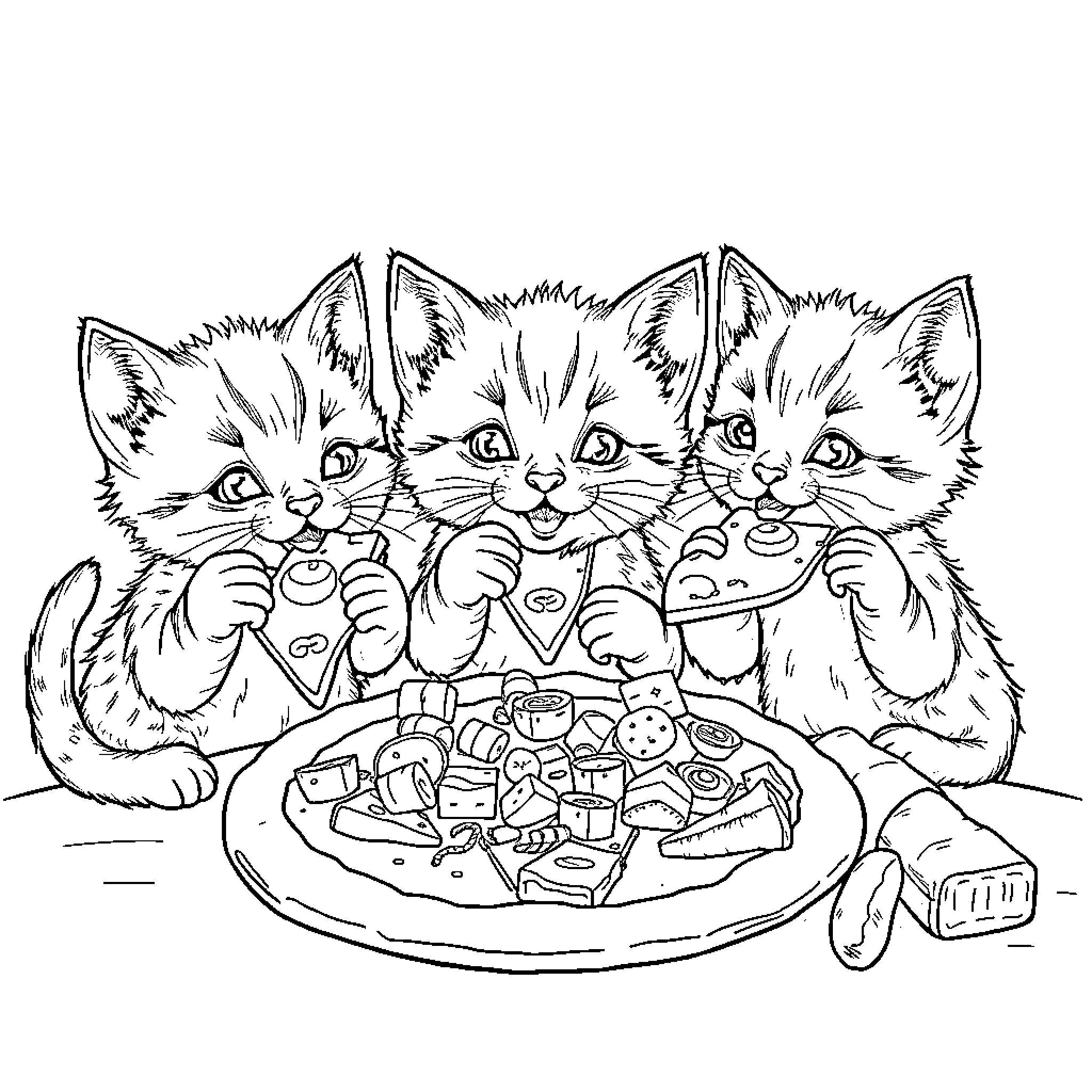 Kittens enjoying a delightful pizza party Coloring Page (free black-and-white line drawing printable PDF for all, from beginners to advanced learners, including children, teens, adults, and seniors)