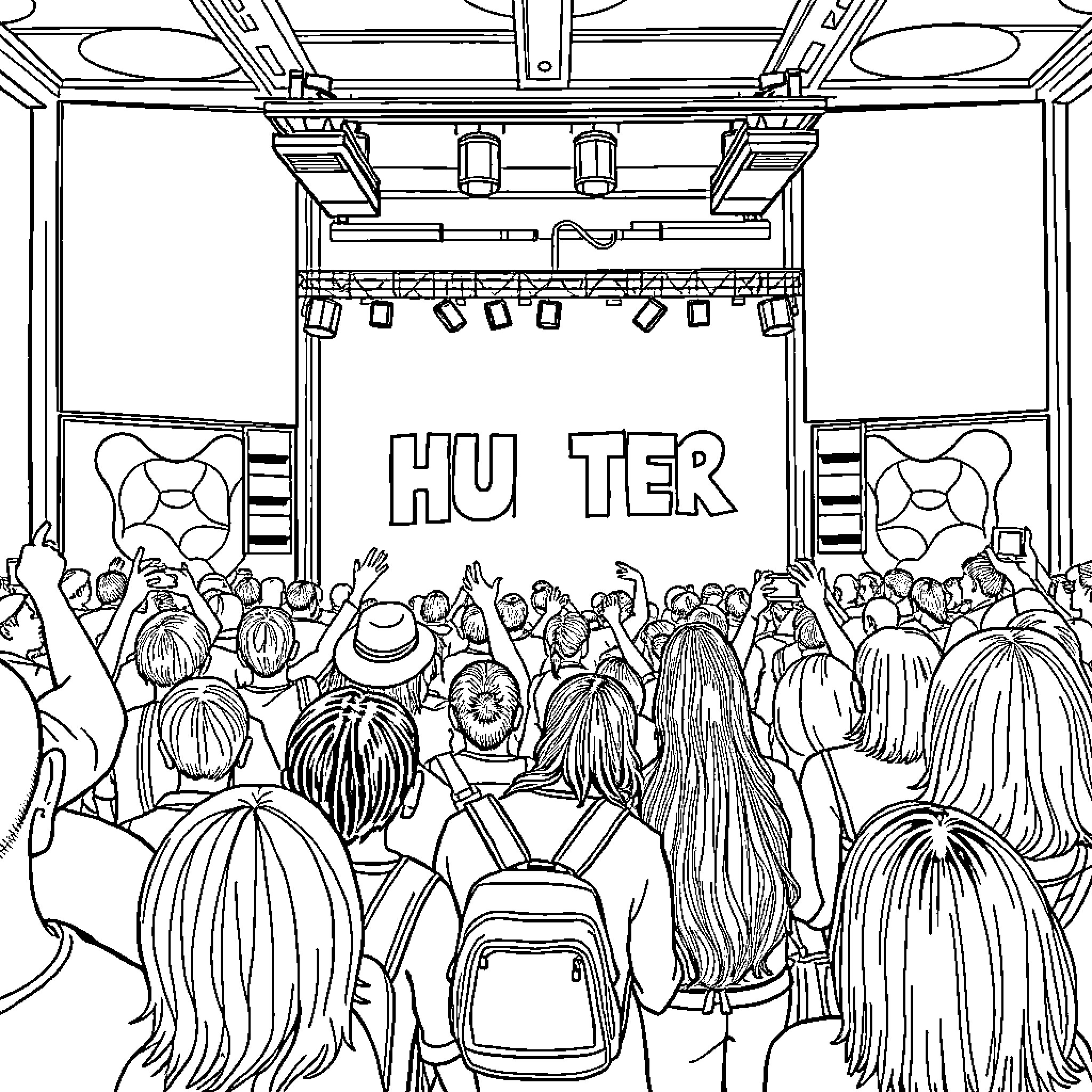 Mon Hunter Concert Stage with Enthusiastic Audience Coloring Page (free black-and-white line drawing printable PDF for all, from beginners to advanced learners, including children, teens, adults, and seniors)