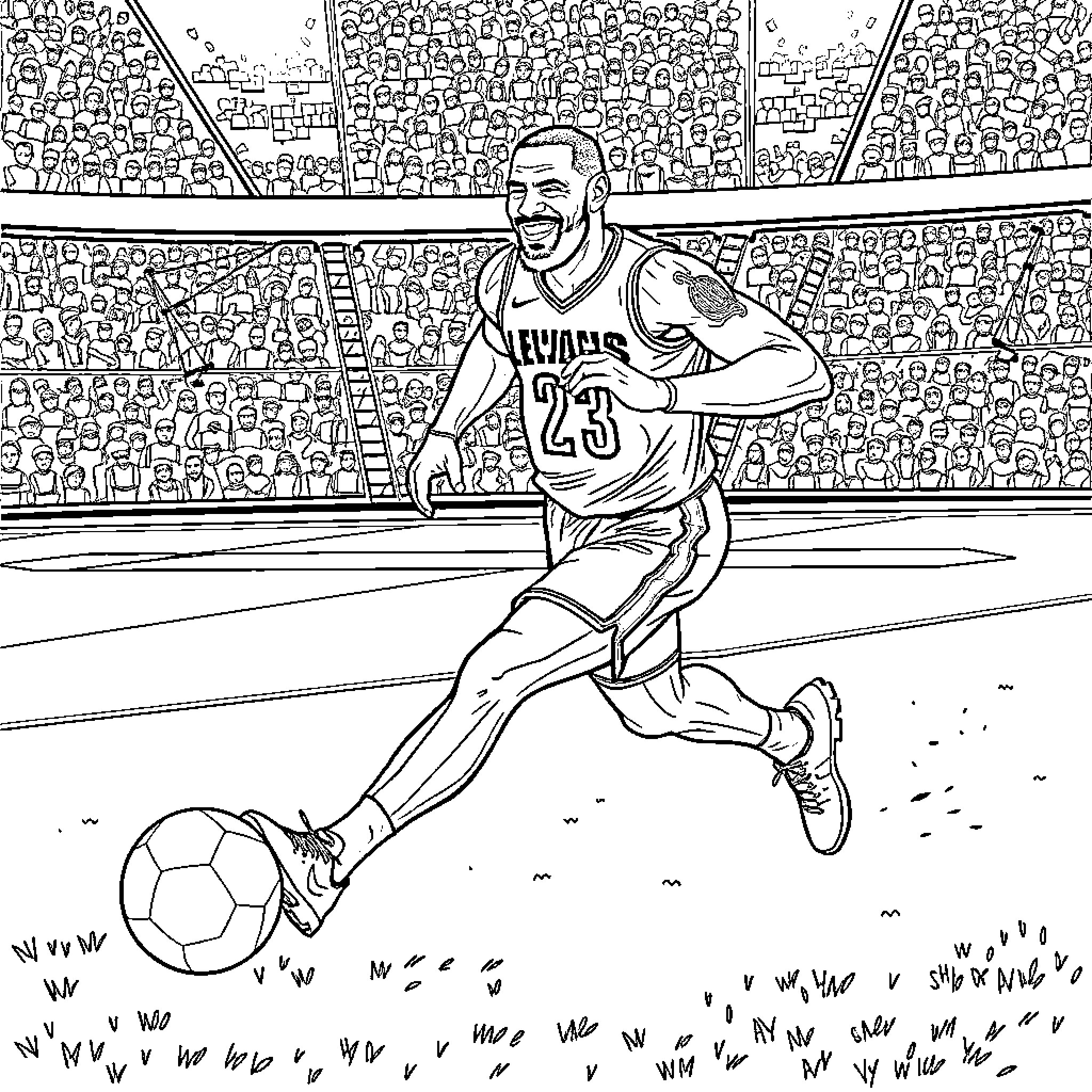 LeBron Dominates the Soccer Field Coloring Page (free black-and-white line drawing printable PDF for all, from beginners to advanced learners, including children, teens, adults, and seniors)