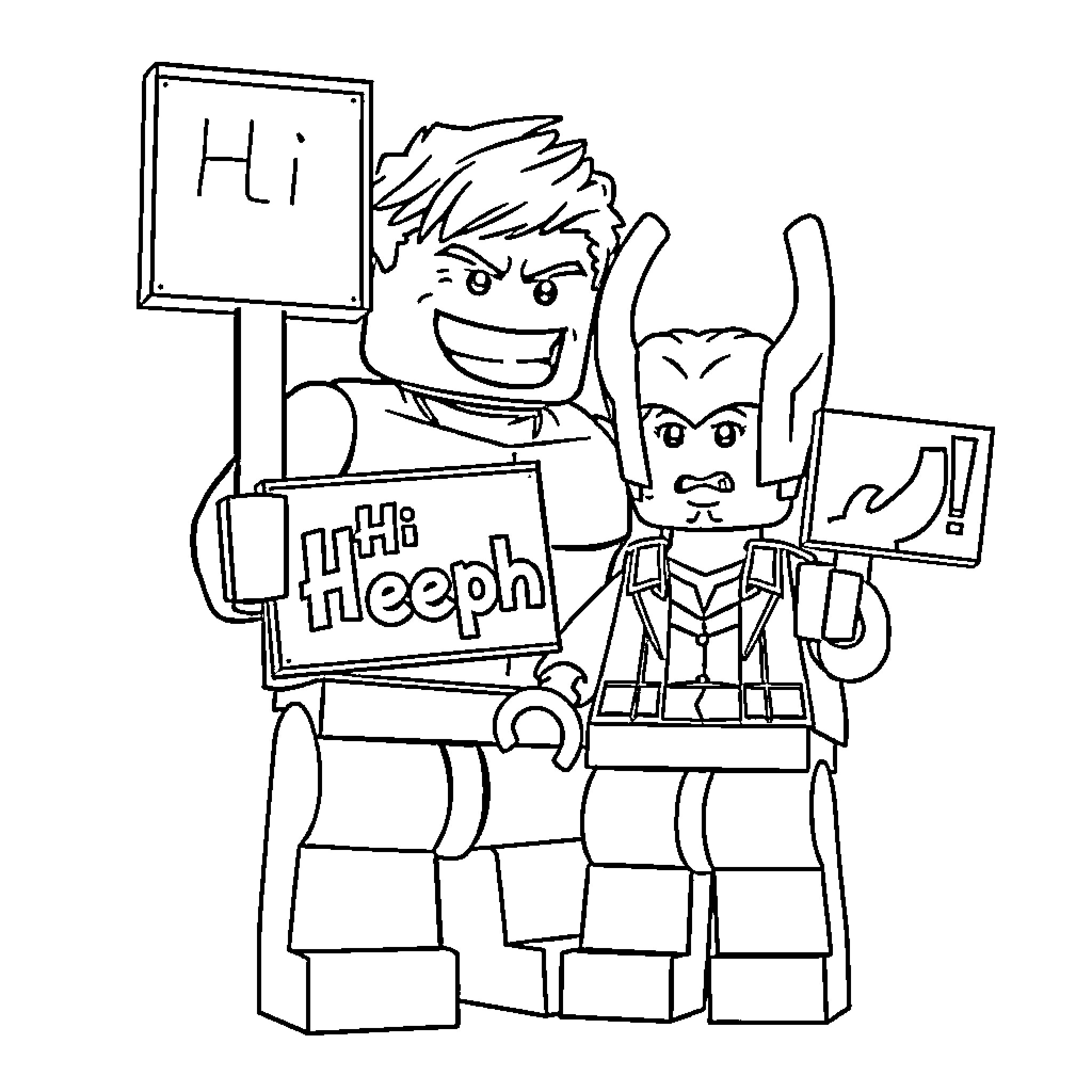 Lego Hulk Characters Expressing Emotions Coloring Page (free black-and-white line drawing printable PDF for all, from beginners to advanced learners, including children, teens, adults, and seniors)