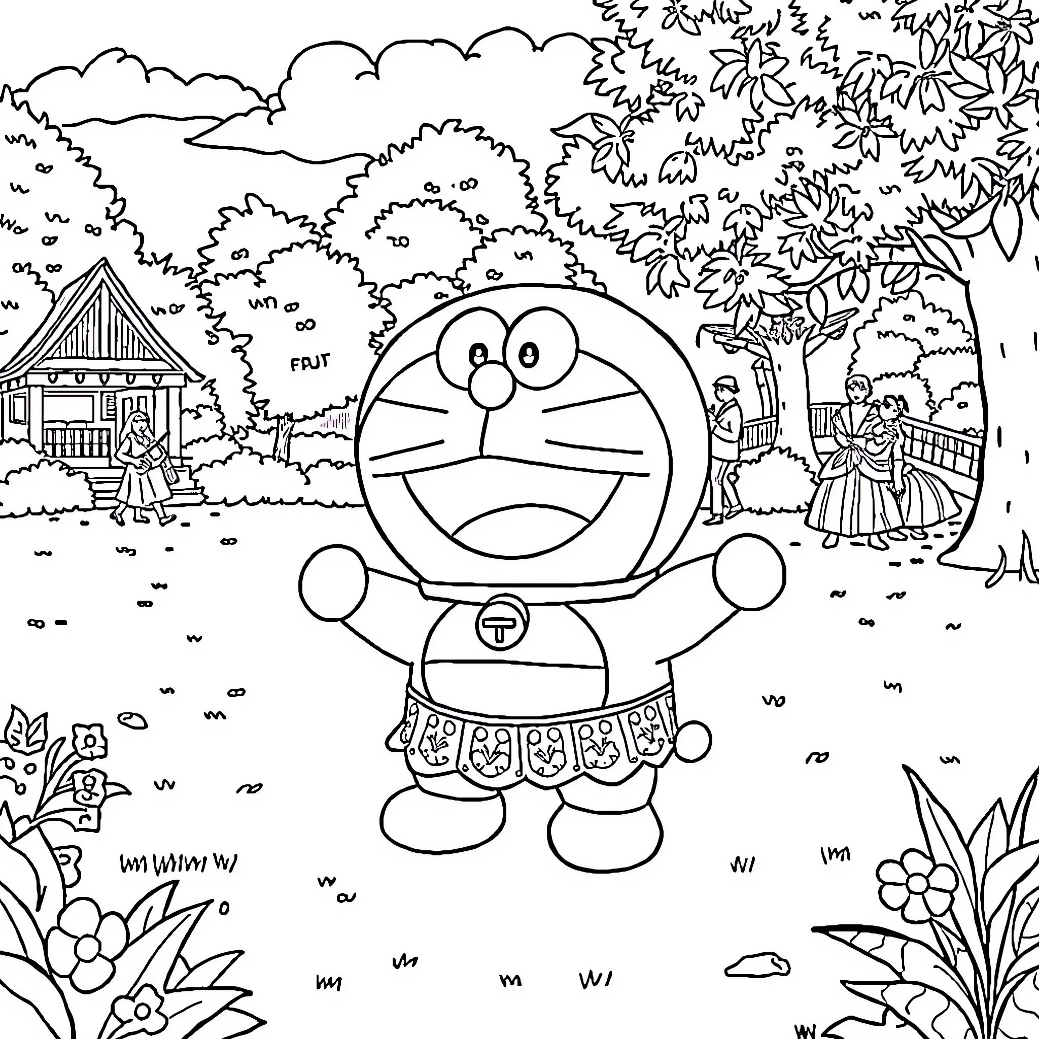 Doraemon enjoying the nature and surroundings Coloring Page (free black-and-white line drawing printable PDF for all, from beginners to advanced learners, including children, teens, adults, and seniors)