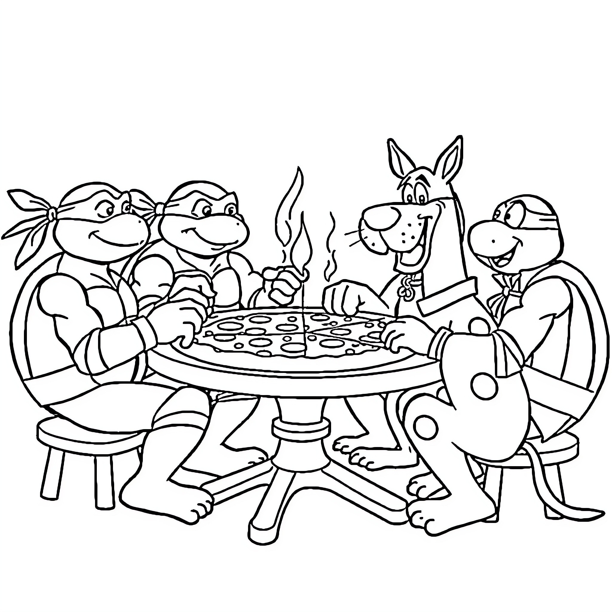 Teenage Mutant Ninja Turtles Enjoy a Festive Meal Together Coloring Page (free black-and-white line drawing printable PDF for all, from beginners to advanced learners, including children, teens, adults, and seniors)