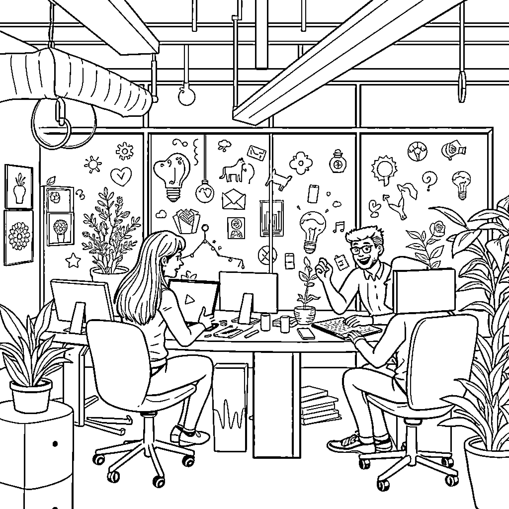 Zootopia-Themed Coworking Space with Vibrant Decor Coloring Page (free black-and-white line drawing printable PDF for all, from beginners to advanced learners, including children, teens, adults, and seniors)