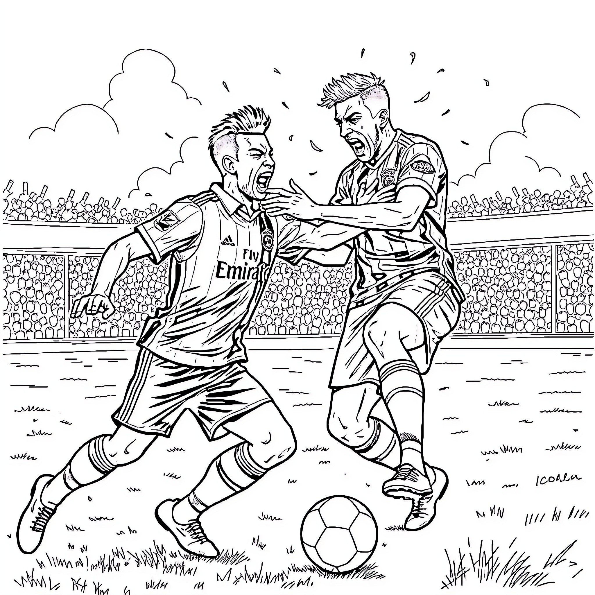 Bruno Fernandes engaged in intense soccer match on field Coloring Page (free black-and-white line drawing printable PDF for all, from beginners to advanced learners, including children, teens, adults, and seniors)