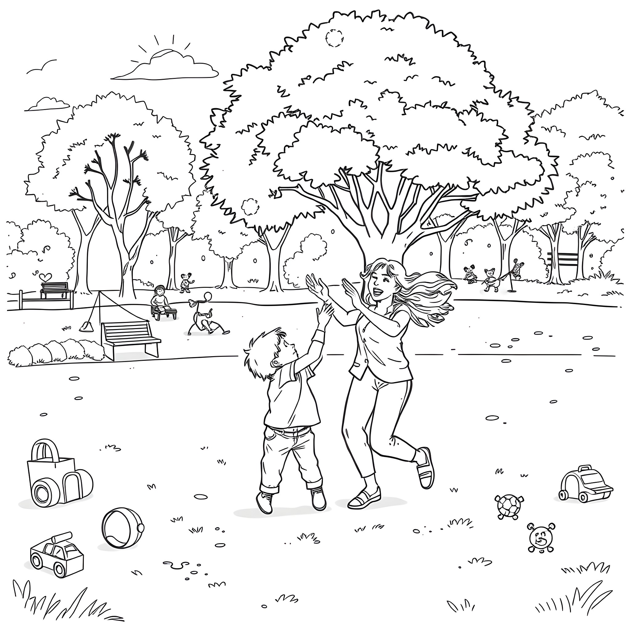 Mom and child playing in the park Coloring Page (free black-and-white line drawing printable PDF for all, from beginners to advanced learners, including children, teens, adults, and seniors)