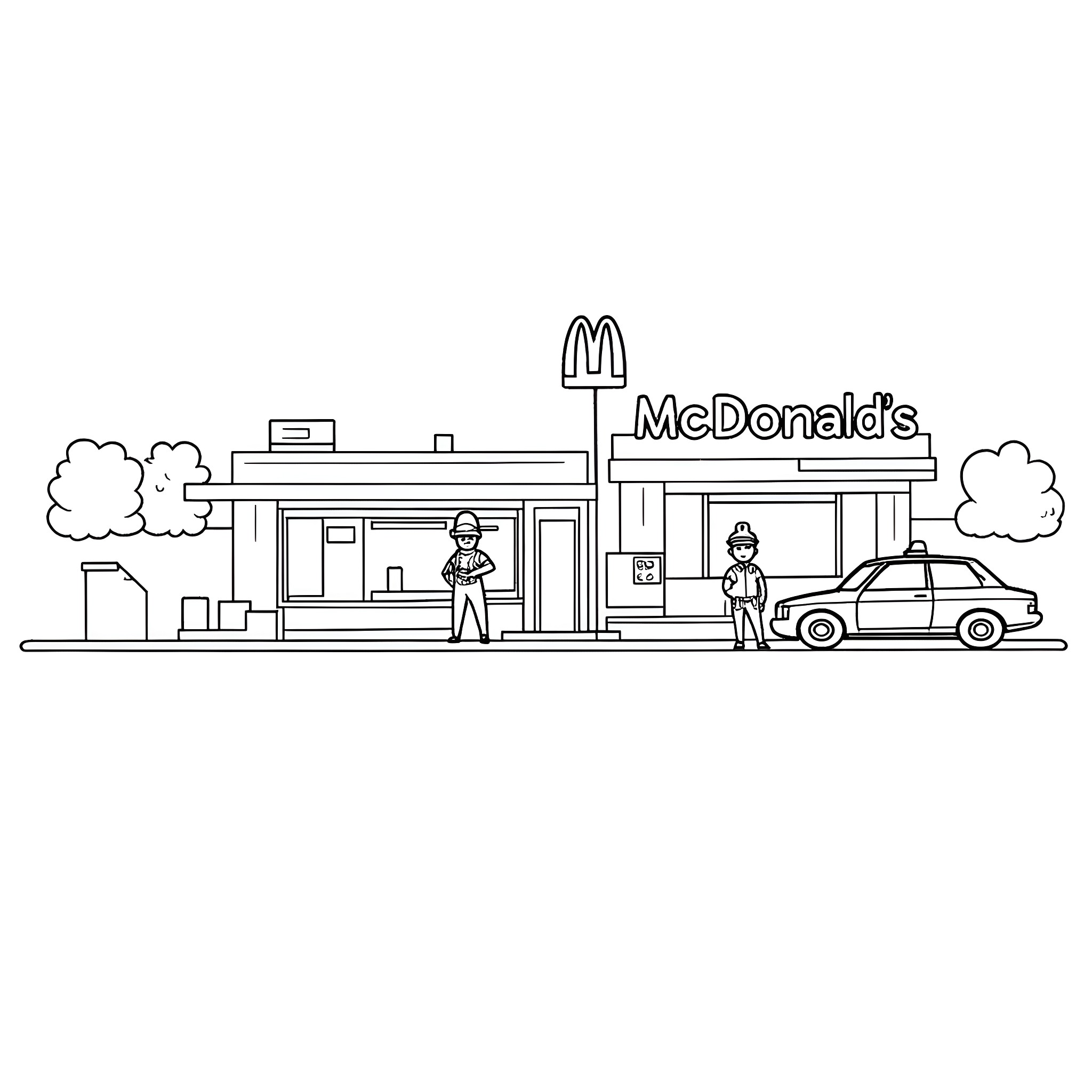 Police officers at a McDonald's restaurant Coloring Page (free black-and-white line drawing printable PDF for all, from beginners to advanced learners, including children, teens, adults, and seniors)