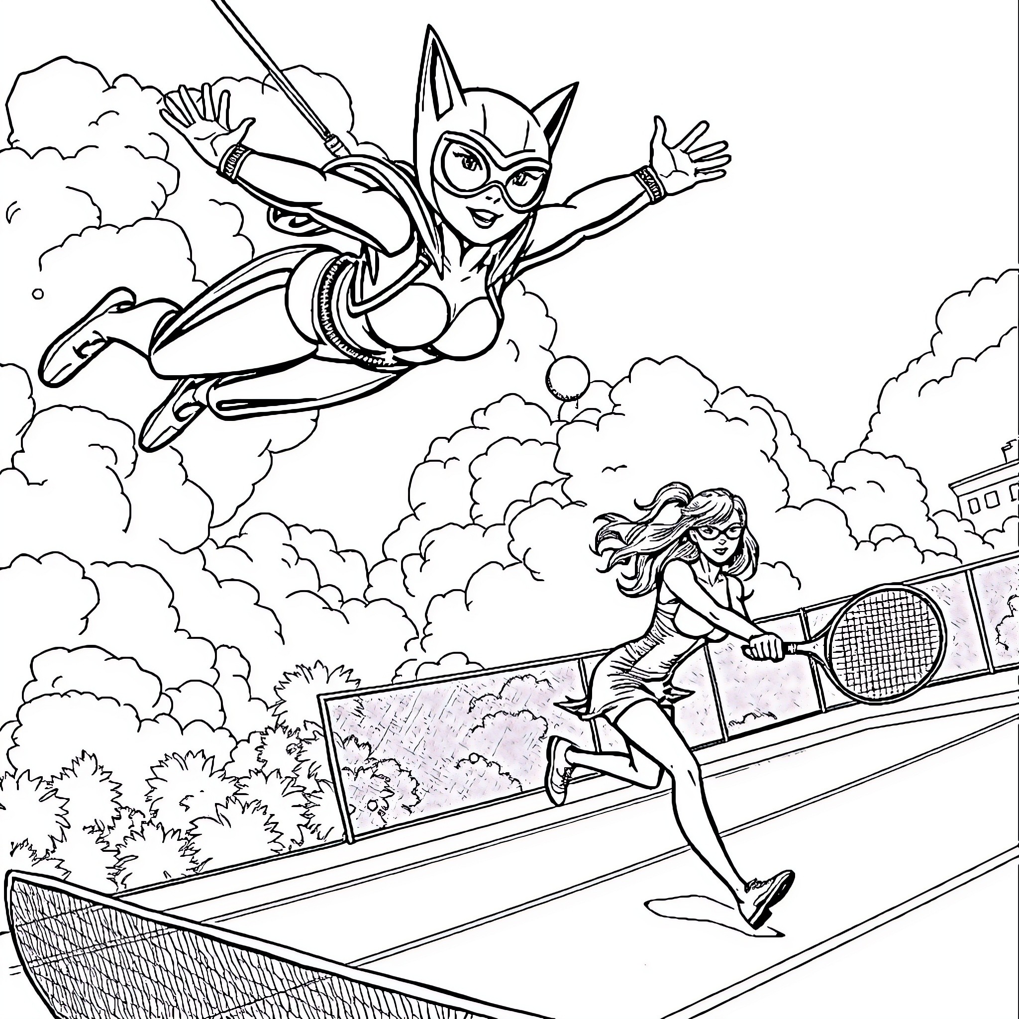 Catwoman battles foe in dramatic superhero chase Coloring Page (free black-and-white line drawing printable PDF for all, from beginners to advanced learners, including children, teens, adults, and seniors)