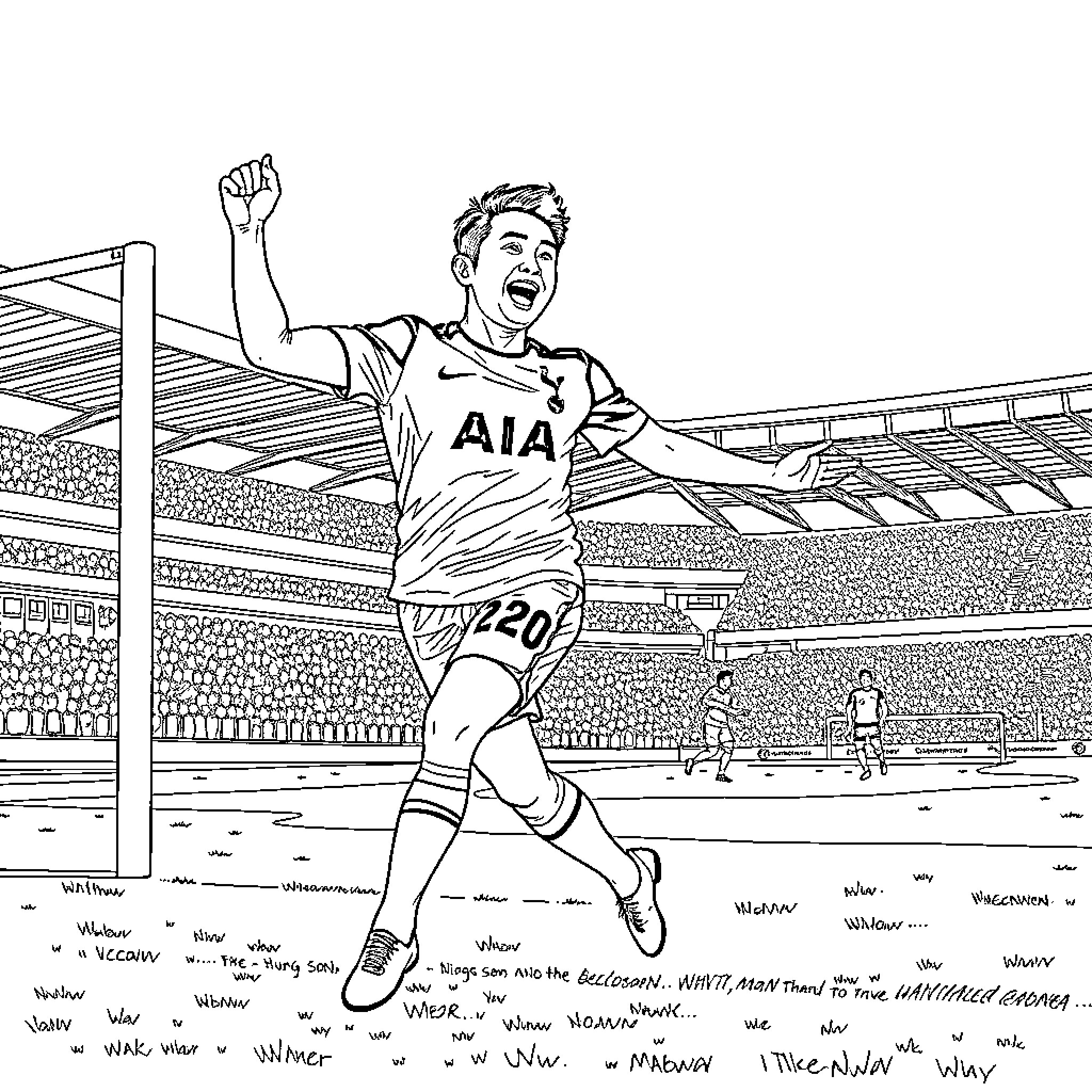 Hung Min Son celebrating with joy at the stadium Coloring Page (free black-and-white line drawing printable PDF for all, from beginners to advanced learners, including children, teens, adults, and seniors)