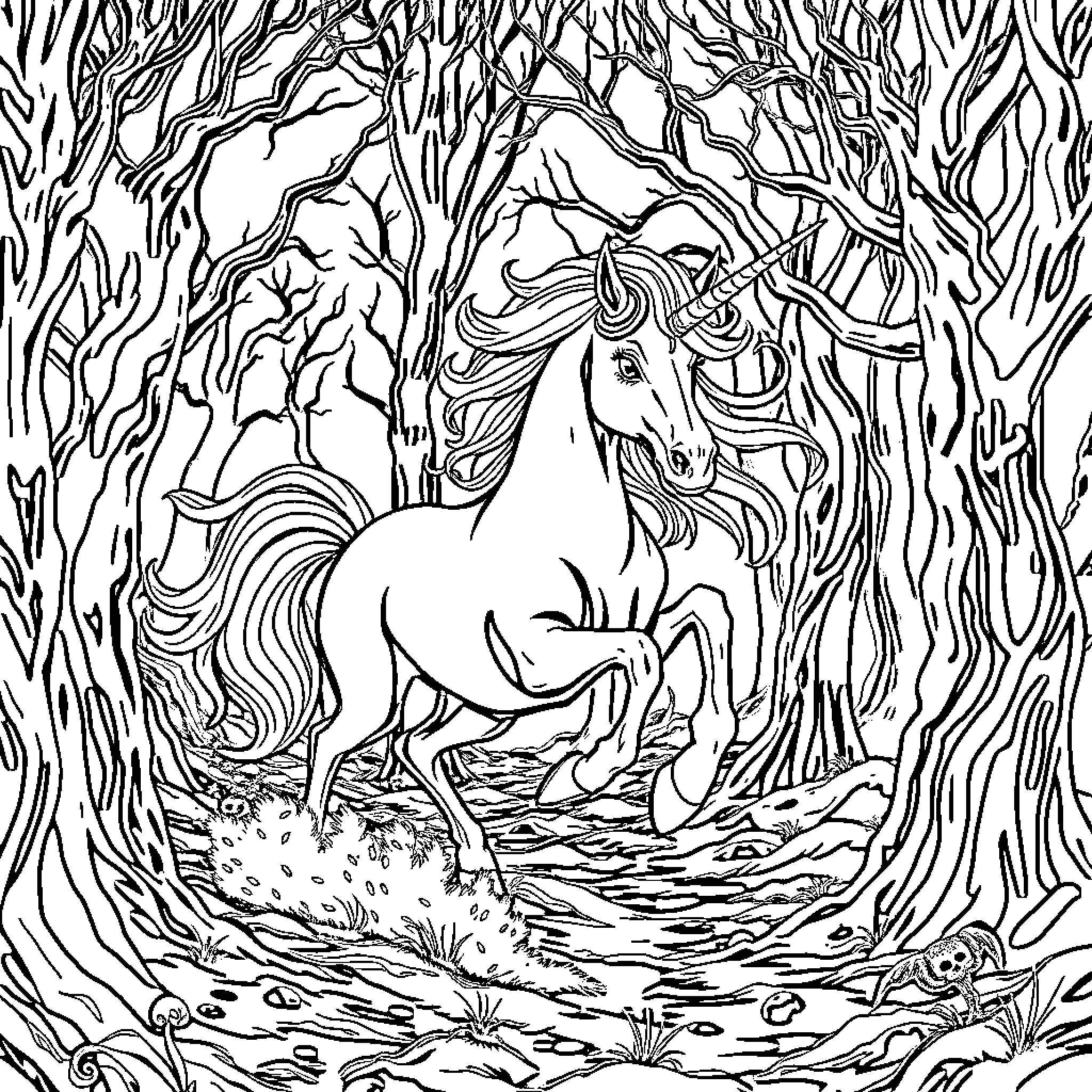 Unicorn galloping through enchanted forest Coloring Page (free black-and-white line drawing printable PDF for all, from beginners to advanced learners, including children, teens, adults, and seniors)