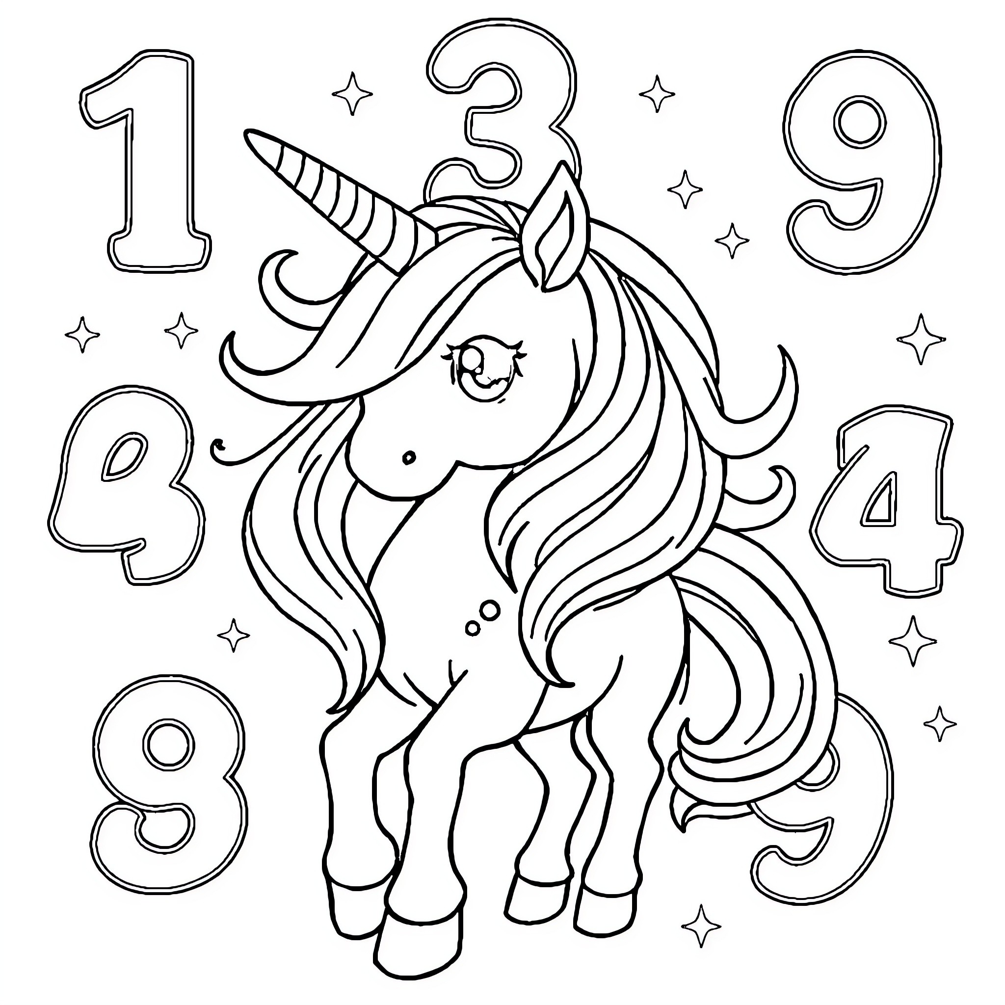 Unicorn playing with numbers and stars Coloring Page (free black-and-white line drawing printable PDF for all, from beginners to advanced learners, including children, teens, adults, and seniors)