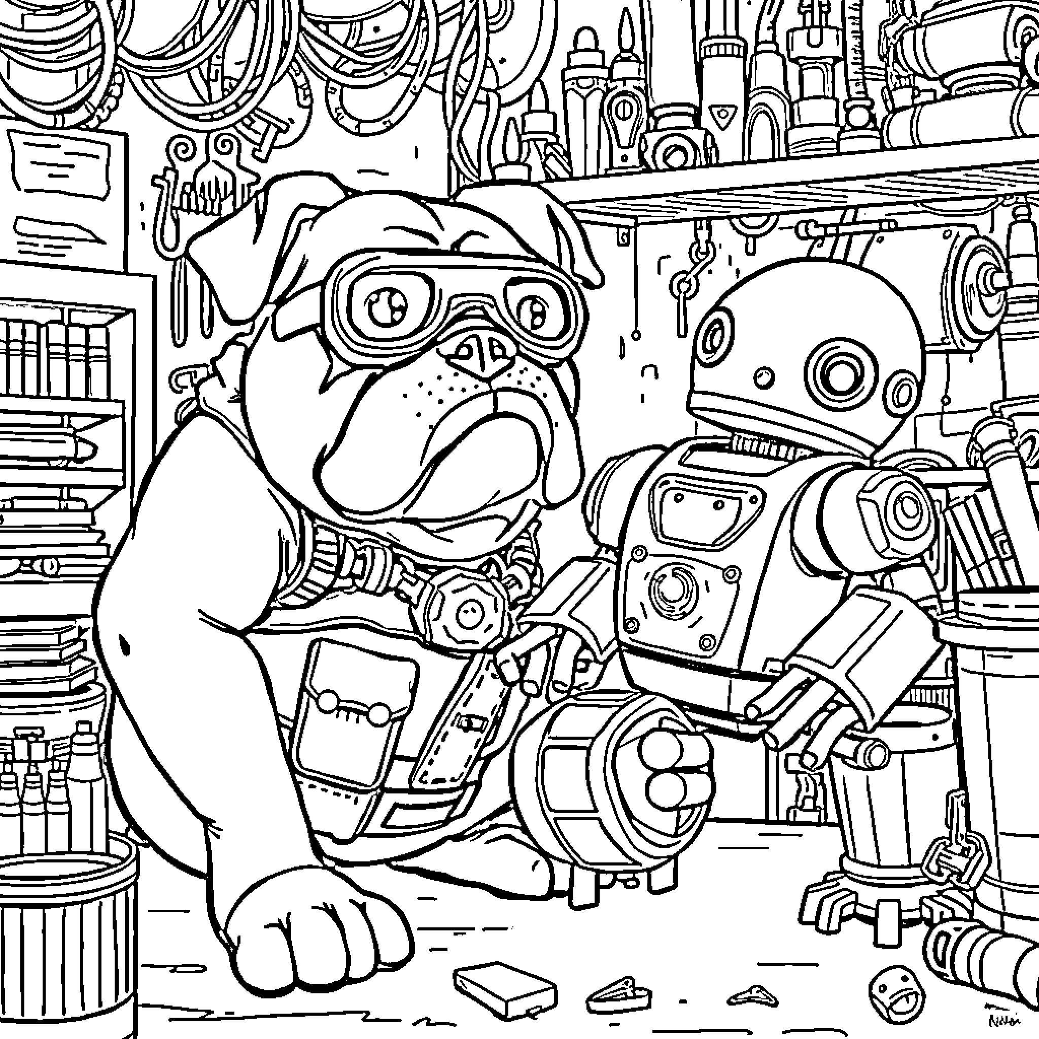Bulldog and Robotic Companion Explore Cluttered Workshop Coloring Page (free black-and-white line drawing printable PDF for all, from beginners to advanced learners, including children, teens, adults, and seniors)