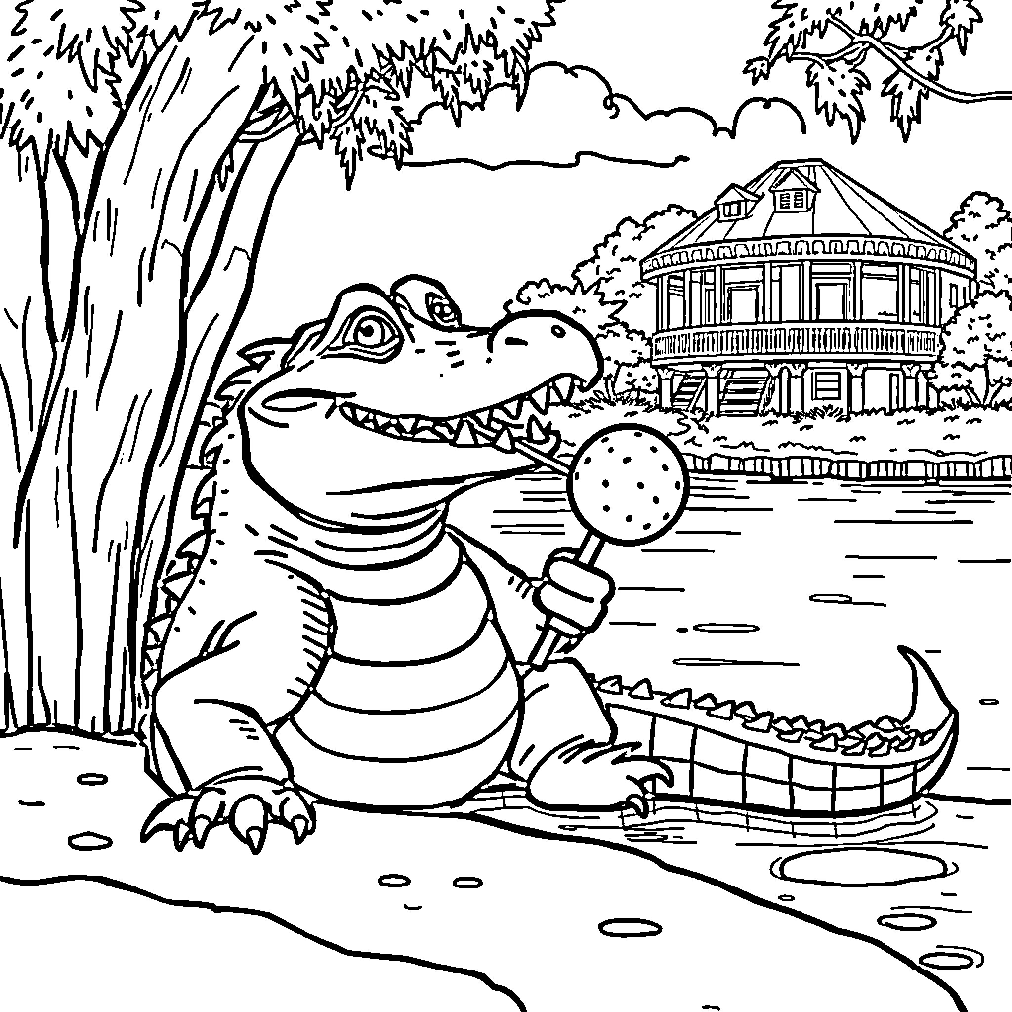 Alligator enjoying an ice cream cone near a cabin in the woods Coloring Page (free black-and-white line drawing printable PDF for all, from beginners to advanced learners, including children, teens, adults, and seniors)