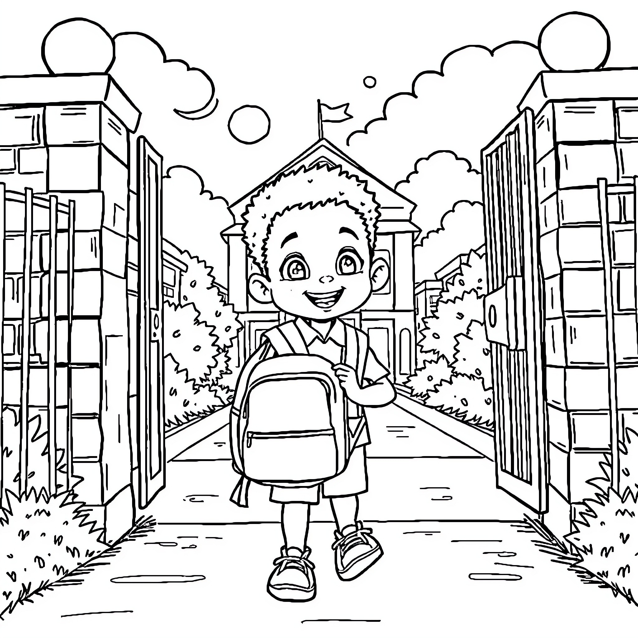 Labubu's Exciting School Adventure Coloring Page (free black-and-white line drawing printable PDF for all, from beginners to advanced learners, including children, teens, adults, and seniors)