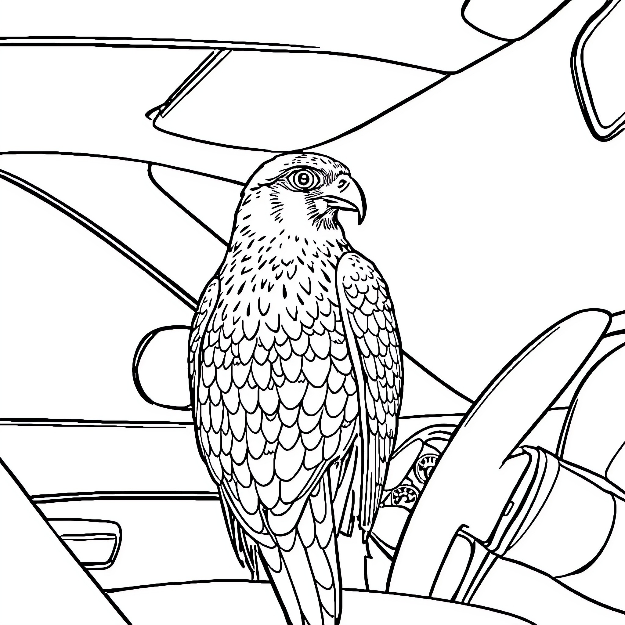 Falcon perched amidst abstract shapes Coloring Page (free black-and-white line drawing printable PDF for all, from beginners to advanced learners, including children, teens, adults, and seniors)