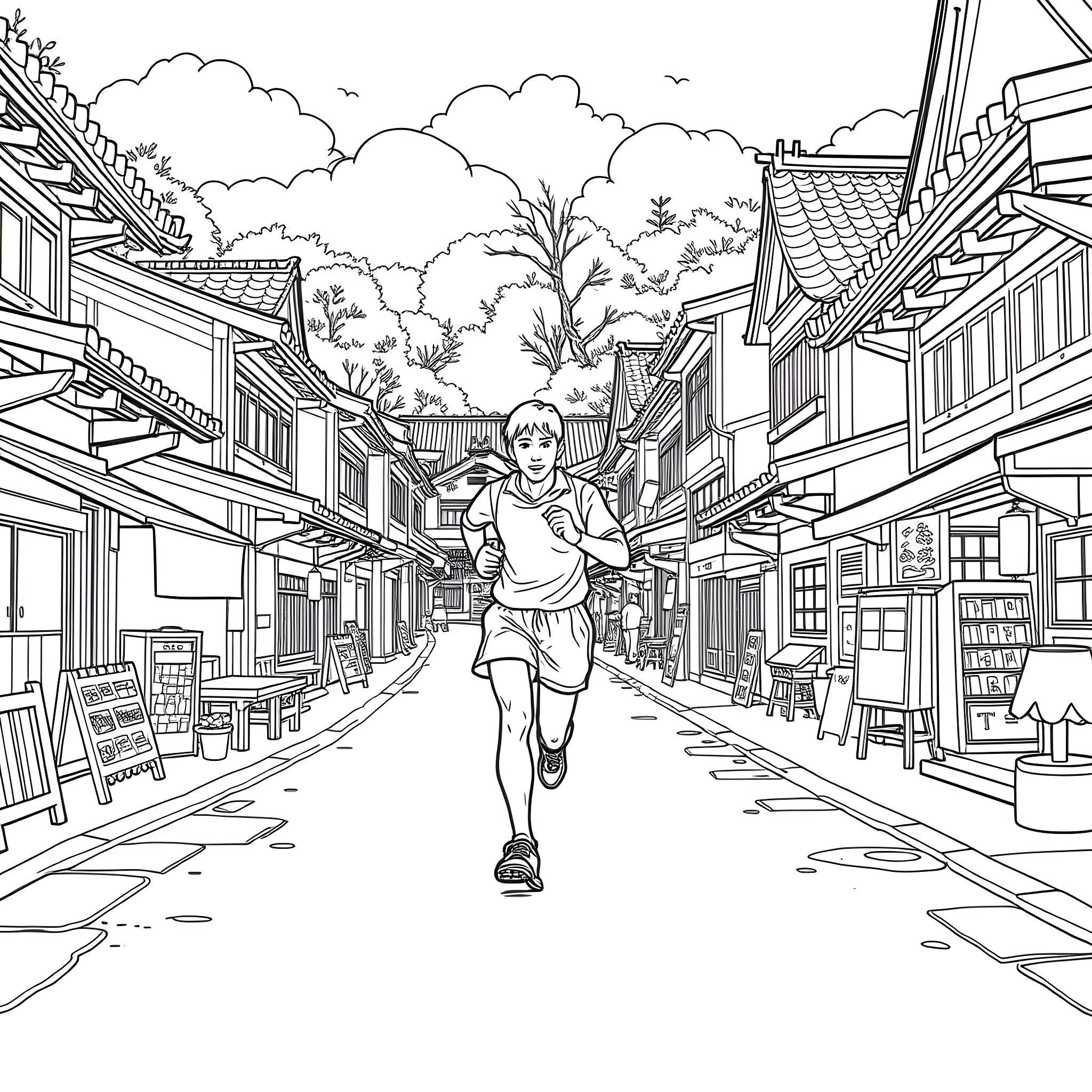 Runner dashing through a quaint historic town Coloring Page (free black-and-white line drawing printable PDF for all, from beginners to advanced learners, including children, teens, adults, and seniors)