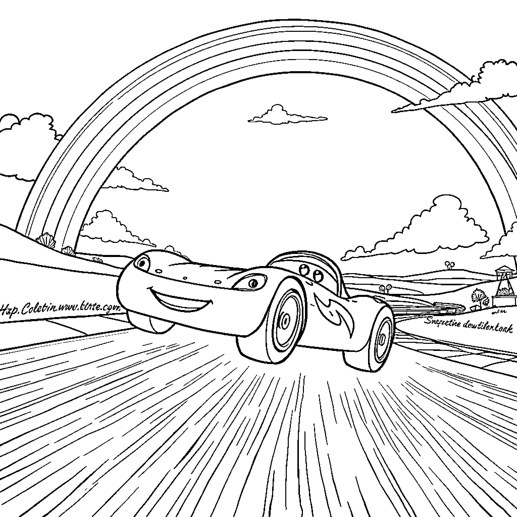Race Car Speeding on the Road under Rainbow Coloring Page (free black-and-white line drawing printable PDF for all, from beginners to advanced learners, including children, teens, adults, and seniors)
