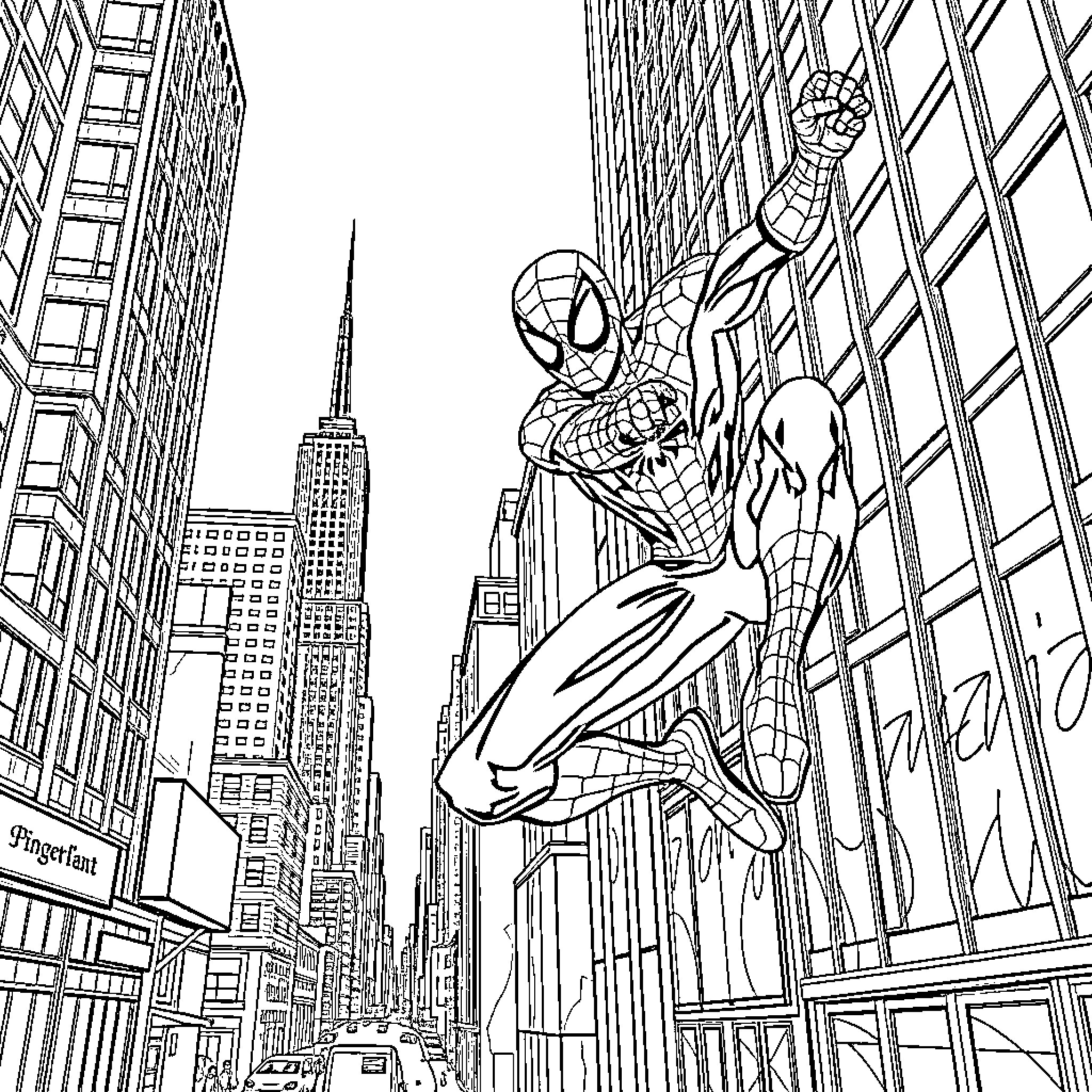 Spiderman swinging through the city streets Coloring Page (free black-and-white line drawing printable PDF for all, from beginners to advanced learners, including children, teens, adults, and seniors)