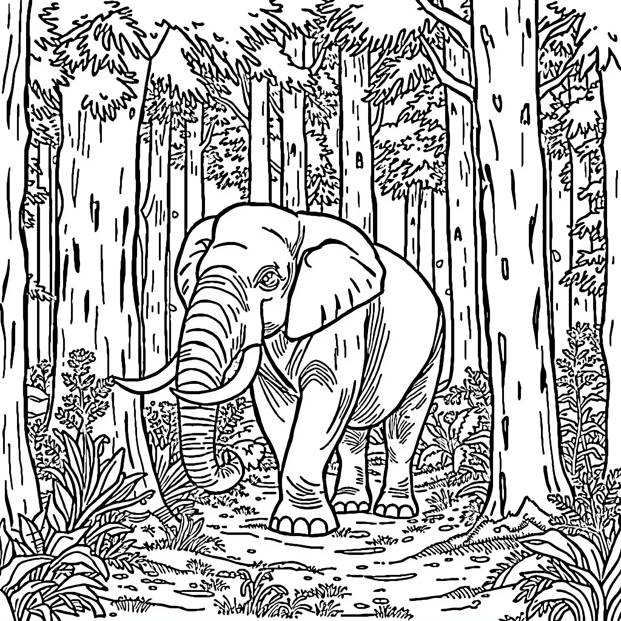 Elephant exploring dense forest foliage Coloring Page (free black-and-white line drawing printable PDF for all, from beginners to advanced learners, including children, teens, adults, and seniors)