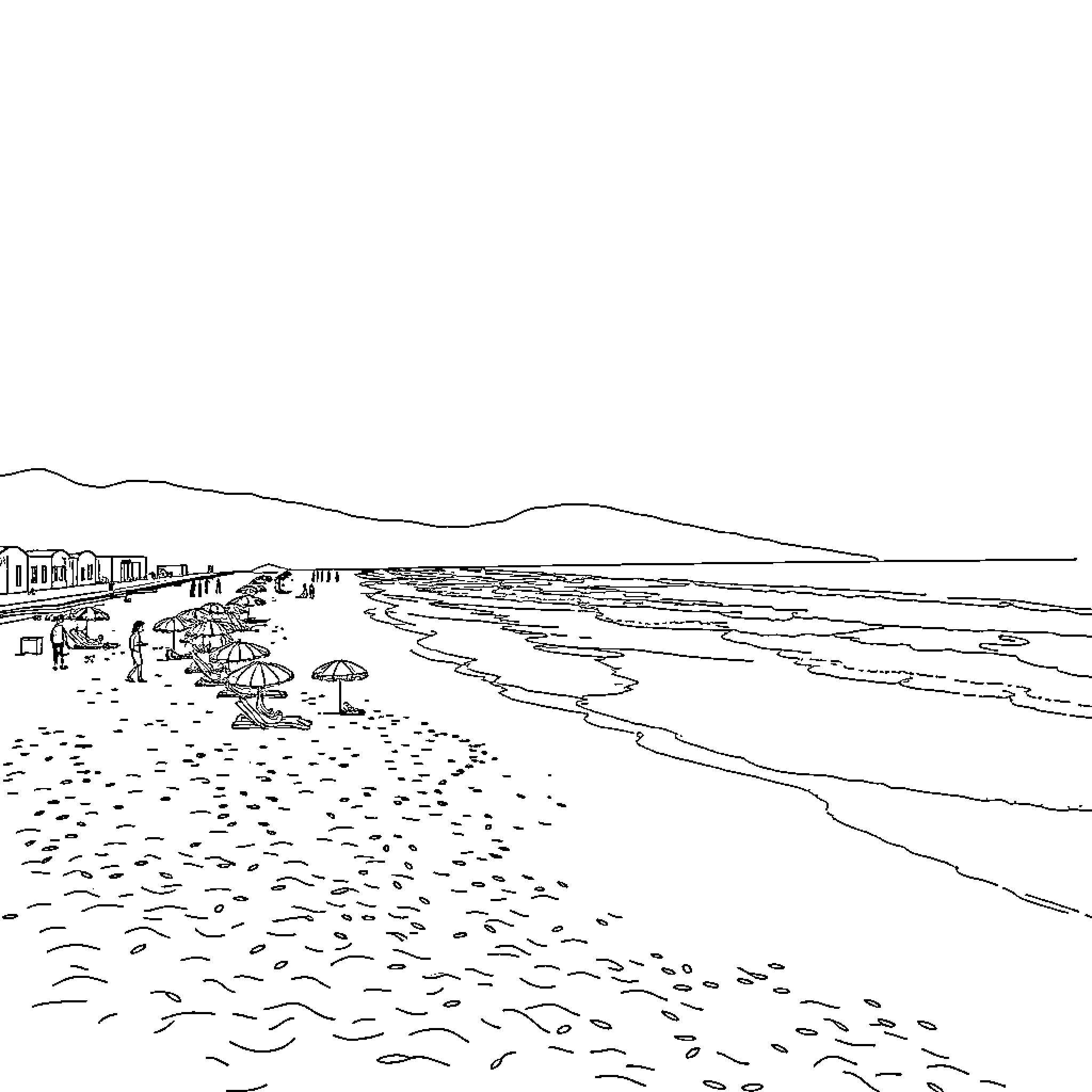 Beach scene with people, umbrellas, and a coastline Coloring Page (free black-and-white line drawing printable PDF for all, from beginners to advanced learners, including children, teens, adults, and seniors)