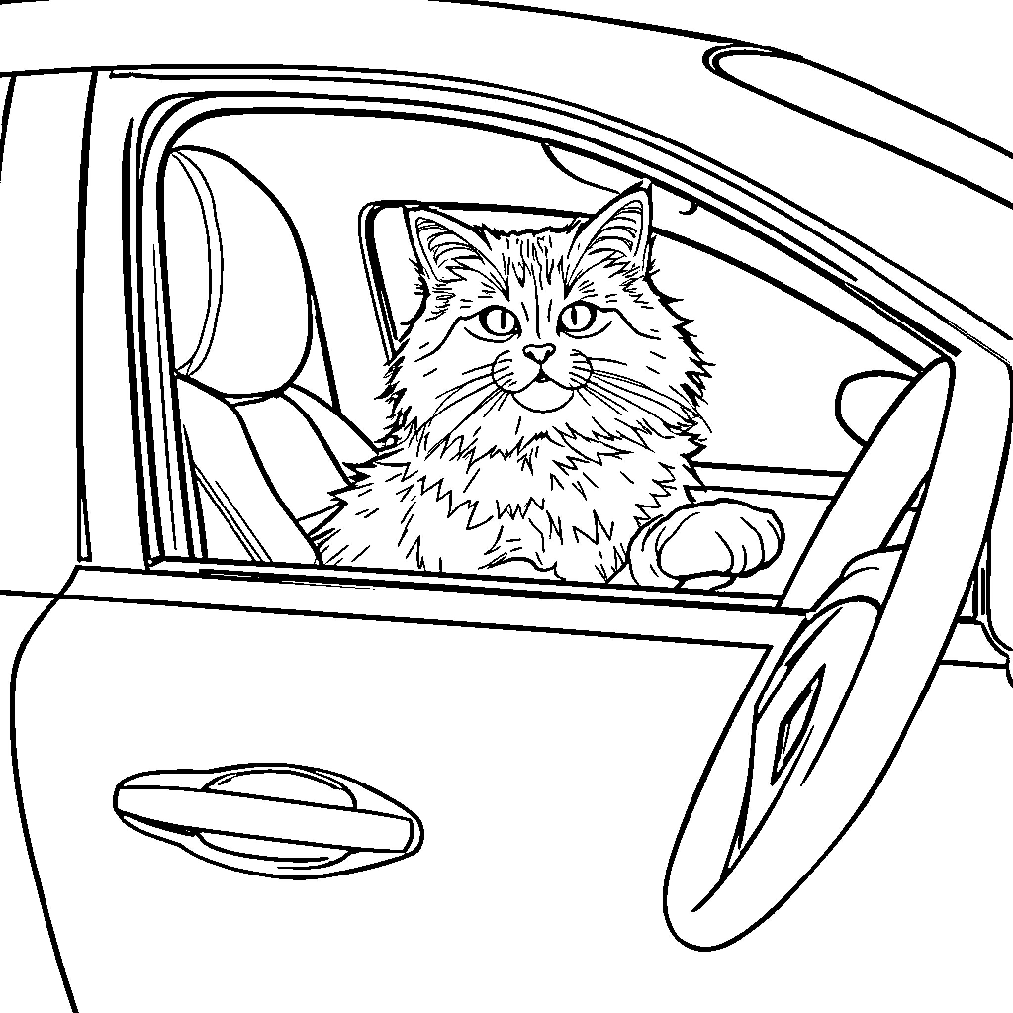 Cat Riding in a Car Coloring Page (free black-and-white line drawing printable PDF for all, from beginners to advanced learners, including children, teens, adults, and seniors)