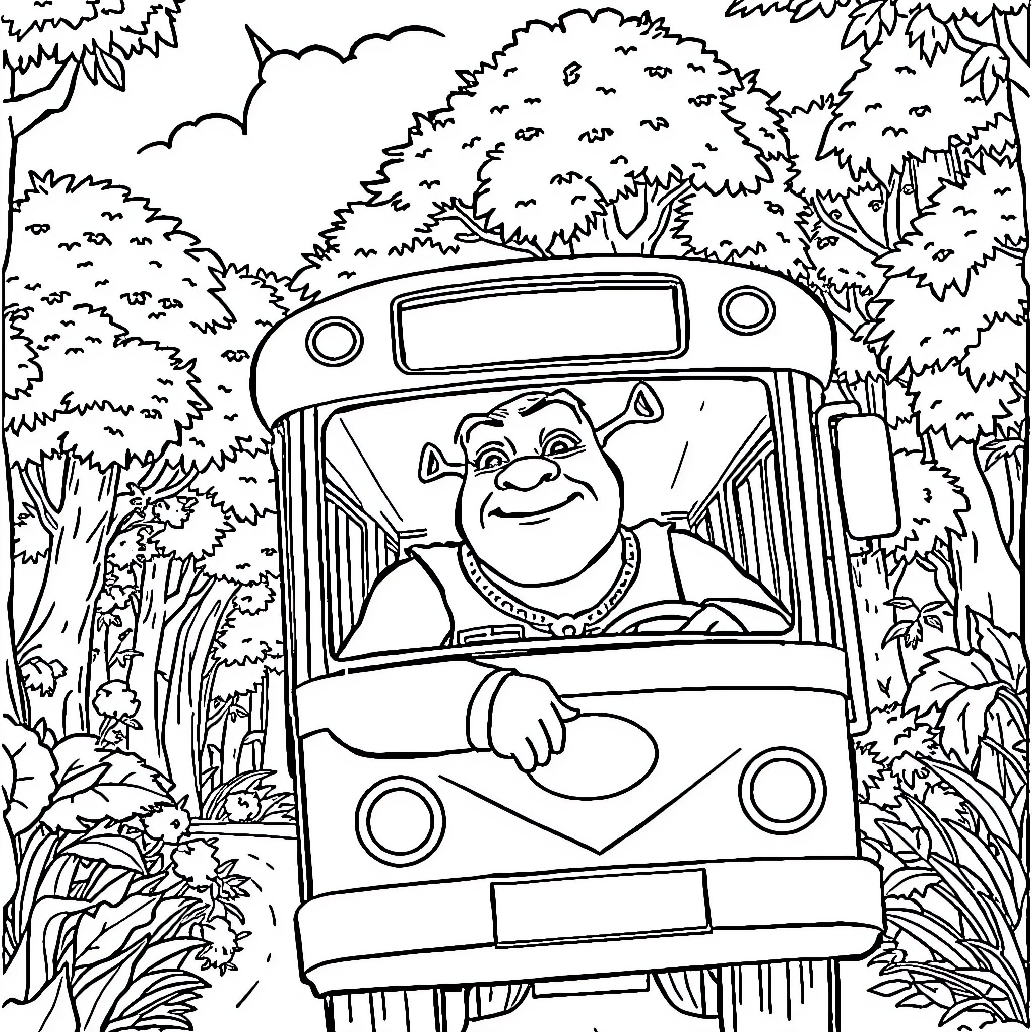 Shrek driving a colorful bus through the forest Coloring Page (free black-and-white line drawing printable PDF for all, from beginners to advanced learners, including children, teens, adults, and seniors)