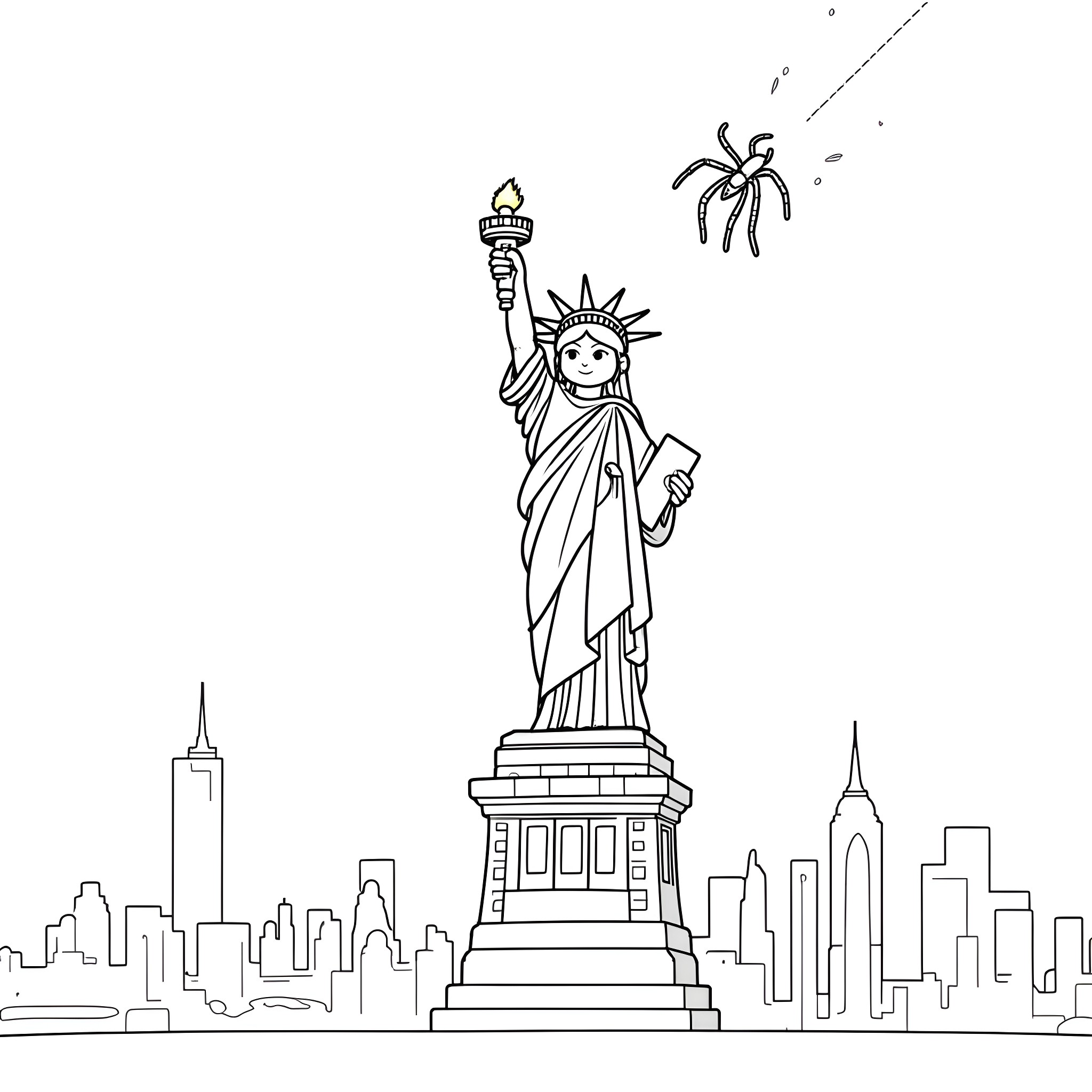 Spider holding torch in New York cityscape Coloring Page (free black-and-white line drawing printable PDF for all, from beginners to advanced learners, including children, teens, adults, and seniors)