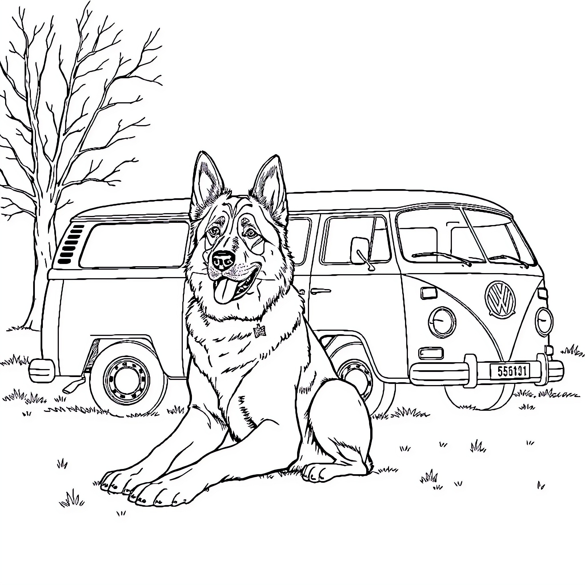 Dog Sitting Beside Vintage Camper Van Coloring Page (free black-and-white line drawing printable PDF for all, from beginners to advanced learners, including children, teens, adults, and seniors)