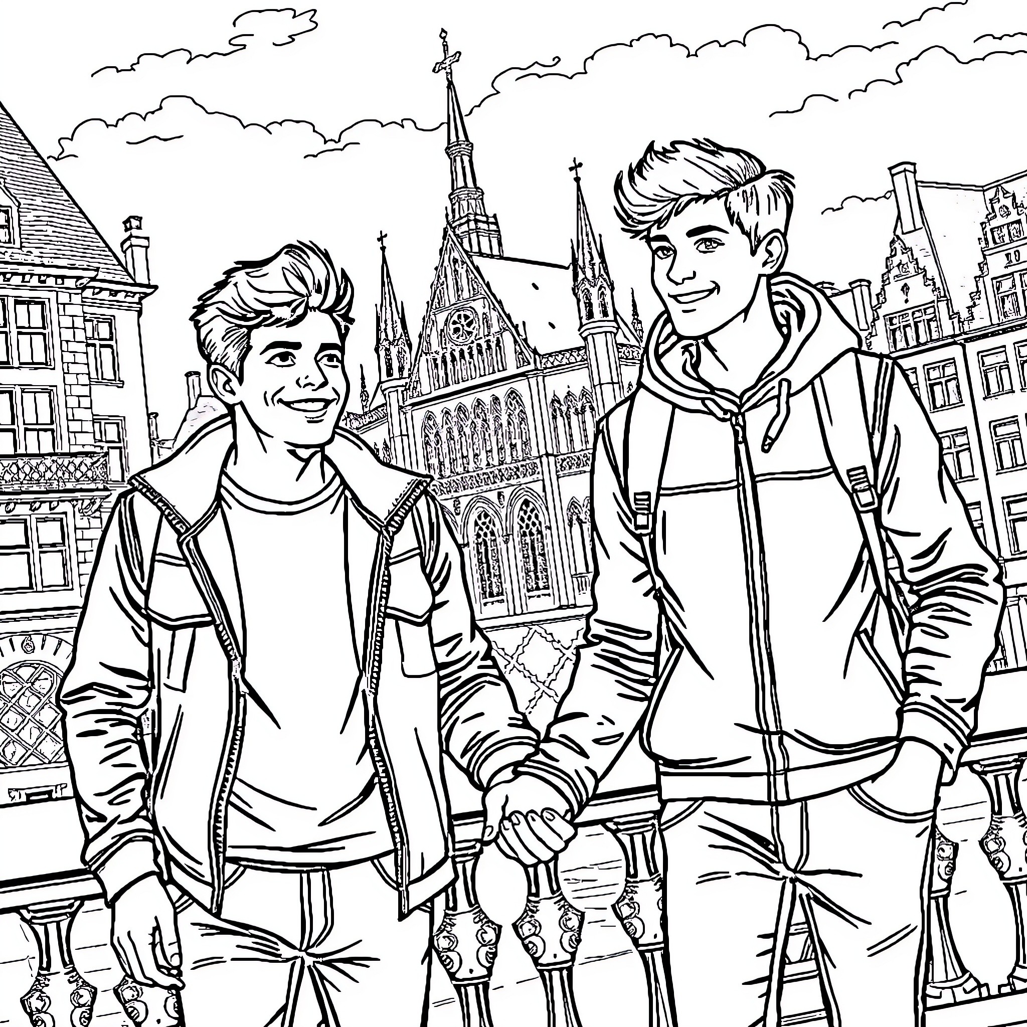 Boy exploring the city with friends Coloring Page (free black-and-white line drawing printable PDF for all, from beginners to advanced learners, including children, teens, adults, and seniors)