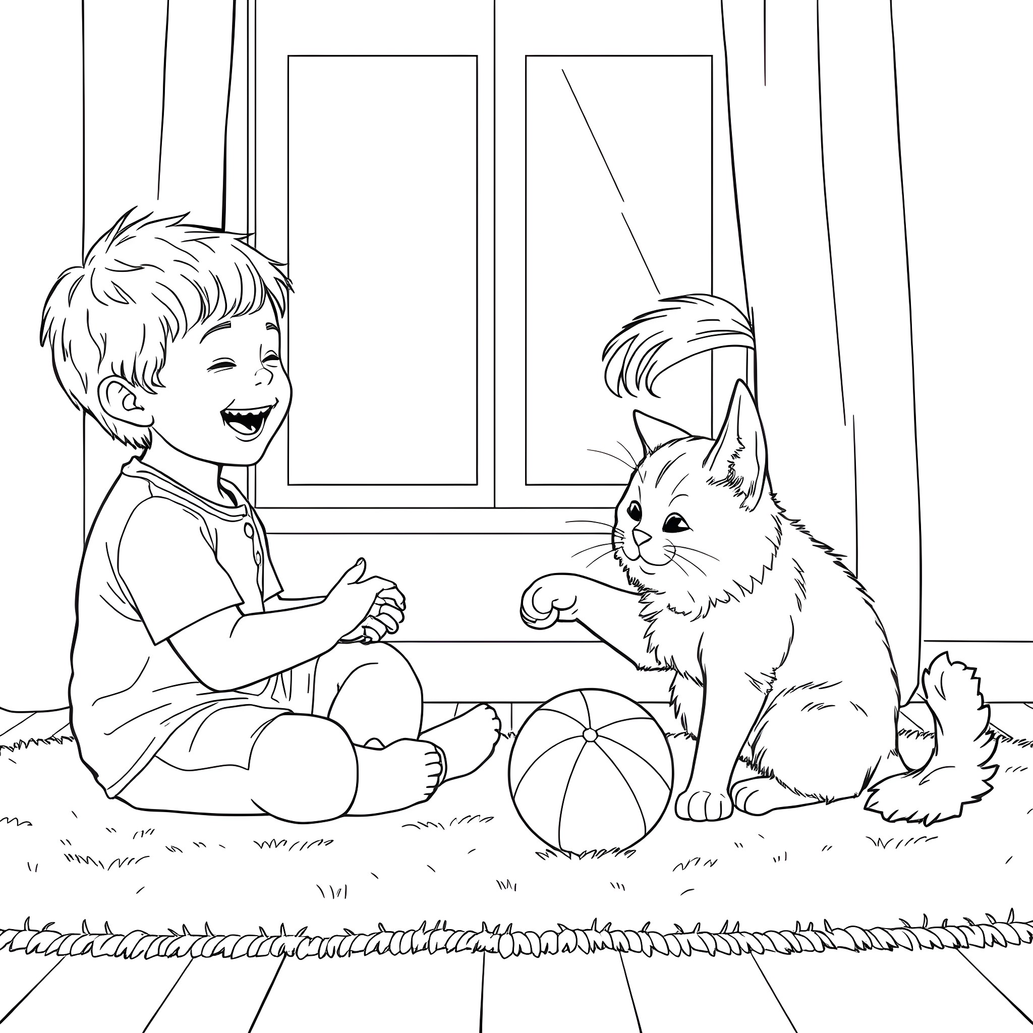 Child playing happily with pet in the room Coloring Page (free black-and-white line drawing printable PDF for all, from beginners to advanced learners, including children, teens, adults, and seniors)