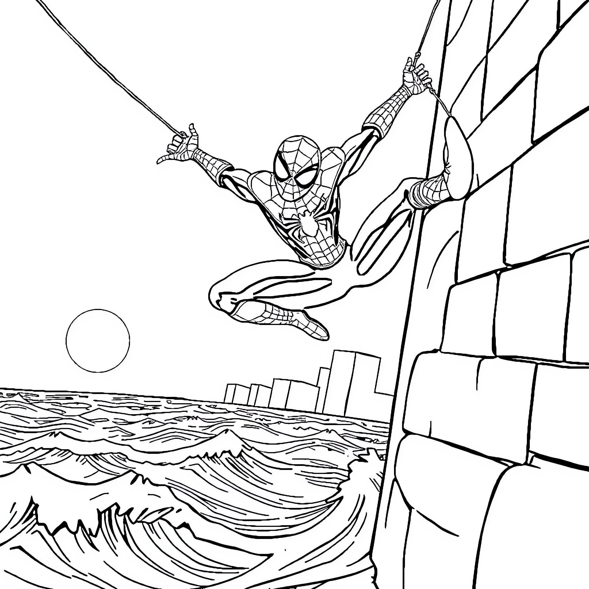 Spiderman swinging and climbing across the city skyline Coloring Page (free black-and-white line drawing printable PDF for all, from beginners to advanced learners, including children, teens, adults, and seniors)