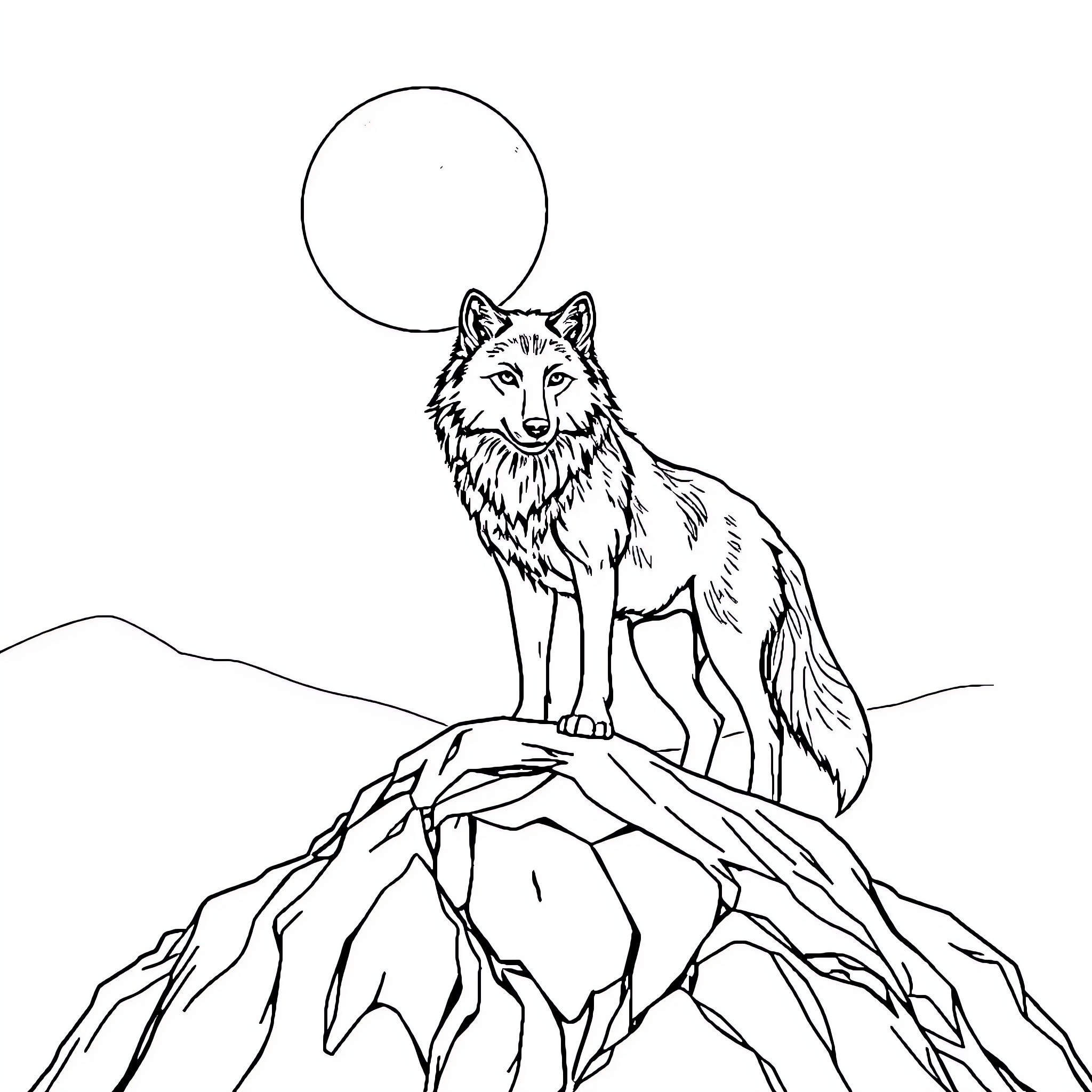 Wolf howling under the moon on a rocky cliff Coloring Page (free black-and-white line drawing printable PDF for all, from beginners to advanced learners, including children, teens, adults, and seniors)