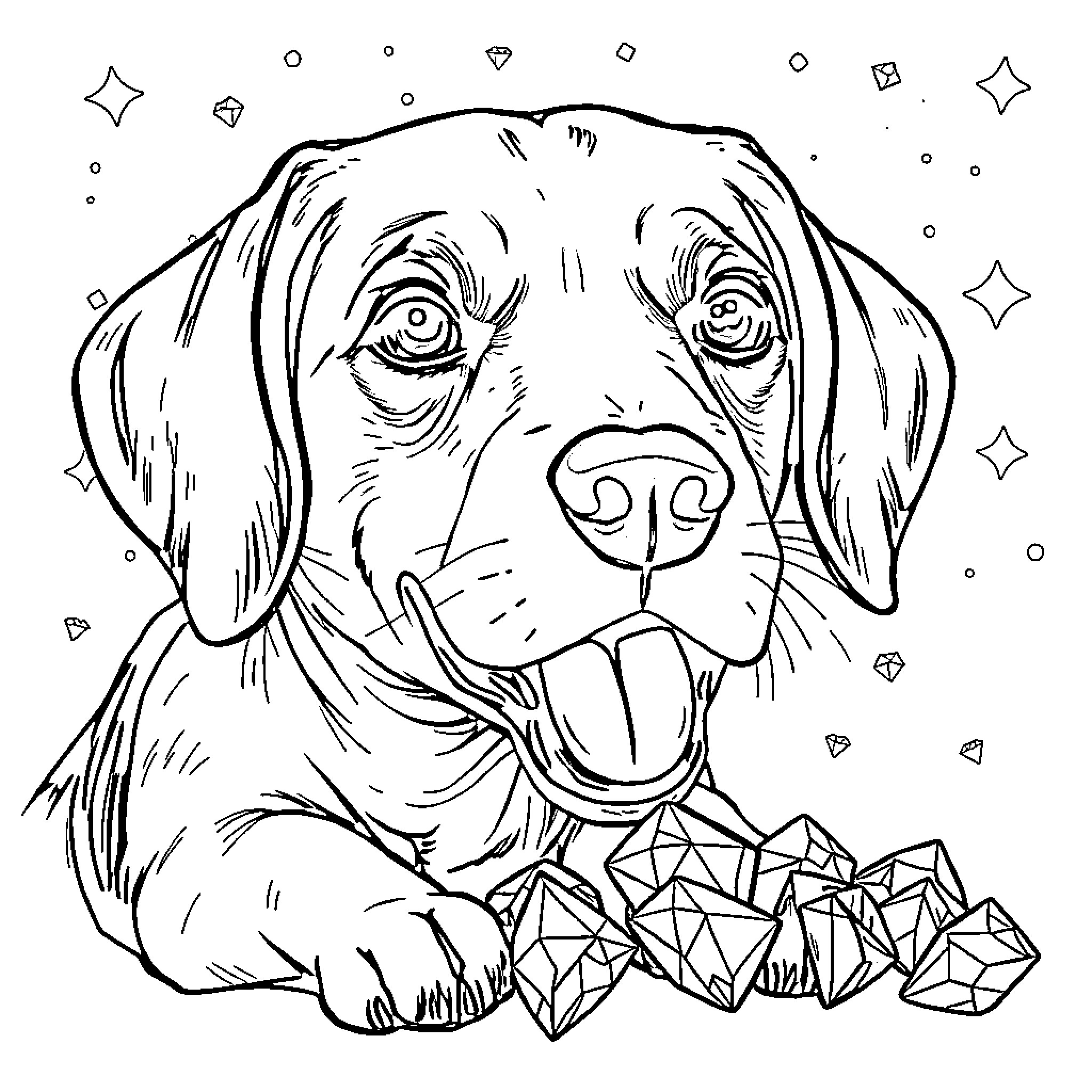 Beagle enjoying a starry night Coloring Page (free black-and-white line drawing printable PDF for all, from beginners to advanced learners, including children, teens, adults, and seniors)
