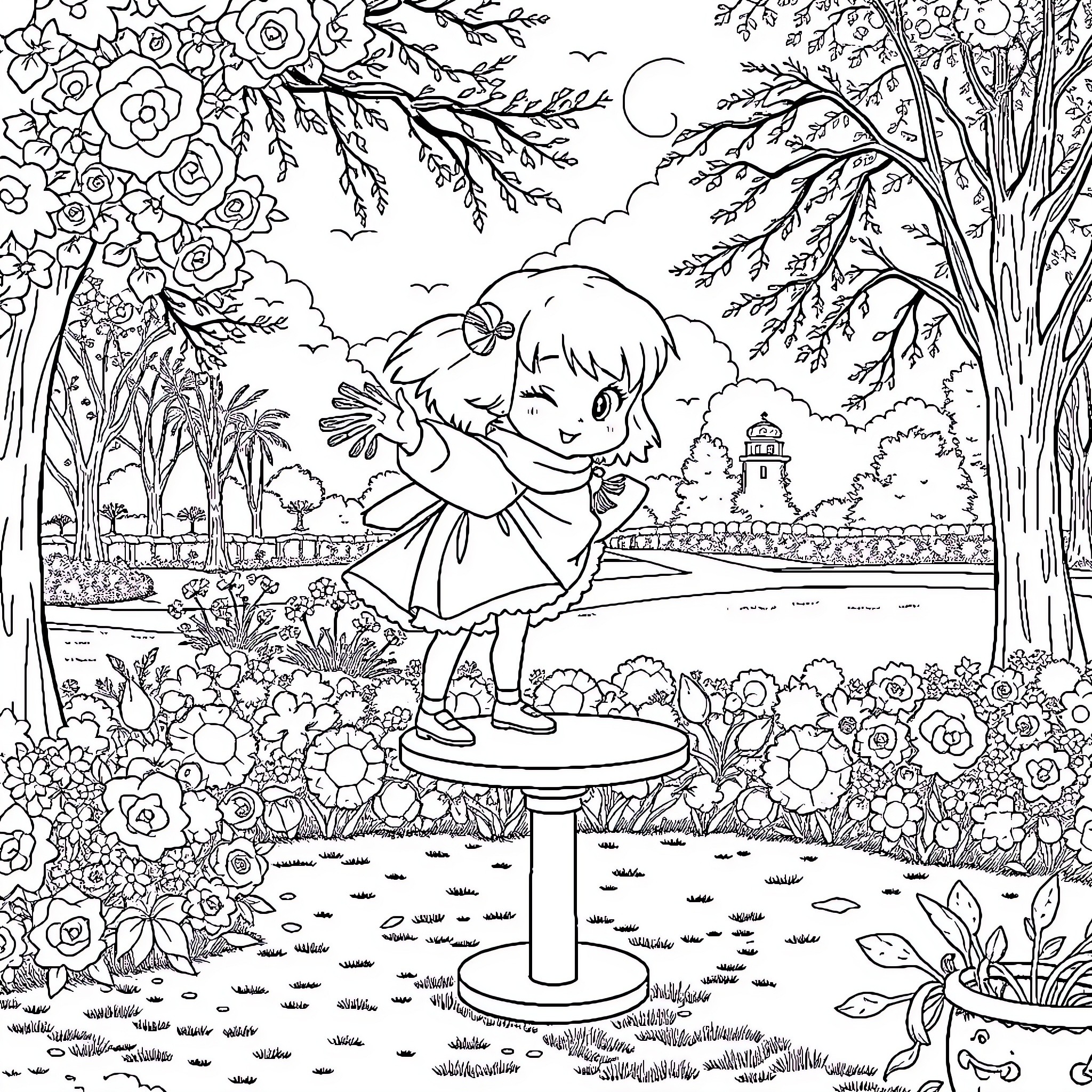 Girl enjoys nature in a whimsical garden scene Coloring Page (free black-and-white line drawing printable PDF for all, from beginners to advanced learners, including children, teens, adults, and seniors)