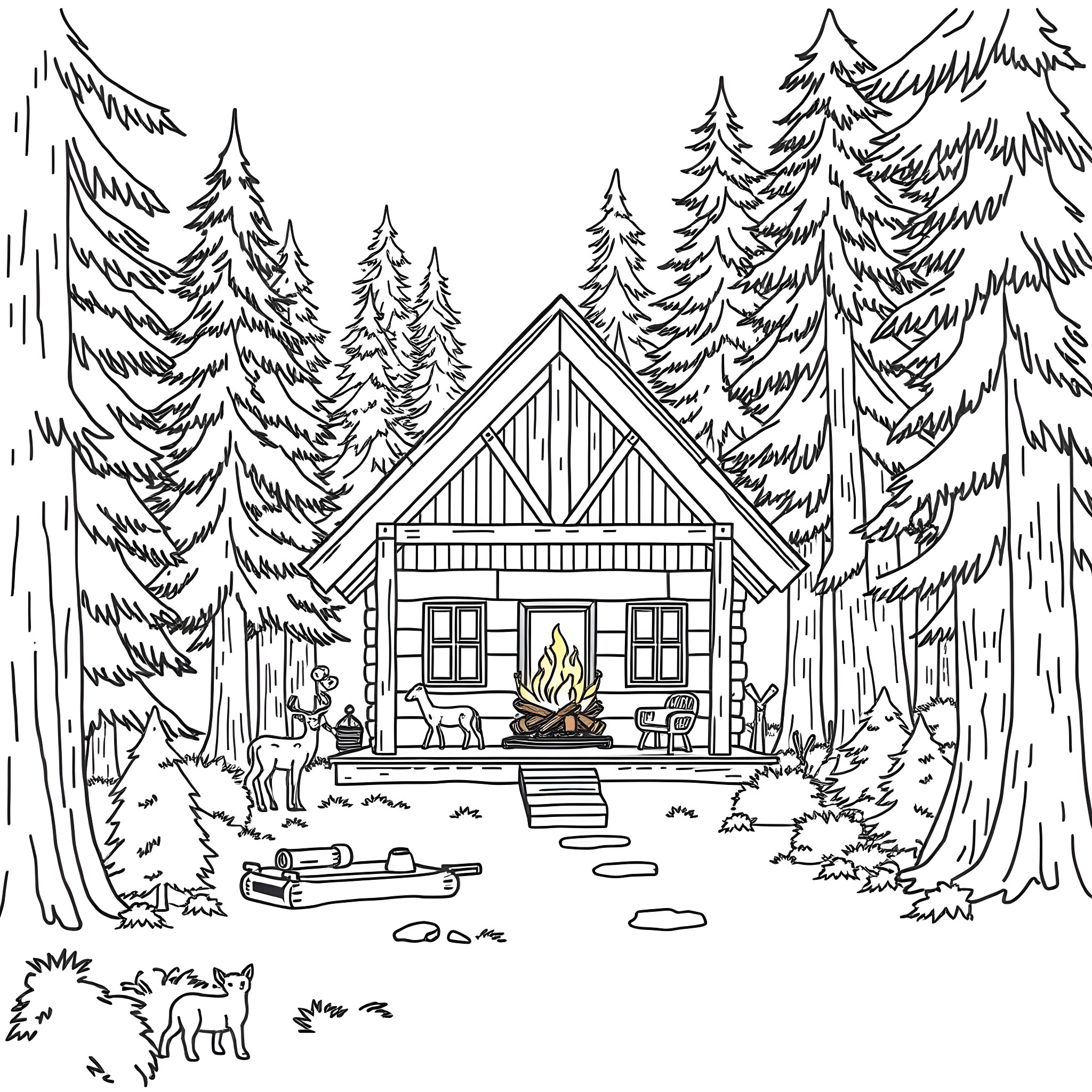 Cabin in the Cozy Forest Coloring Page (free black-and-white line drawing printable PDF for all, from beginners to advanced learners, including children, teens, adults, and seniors)