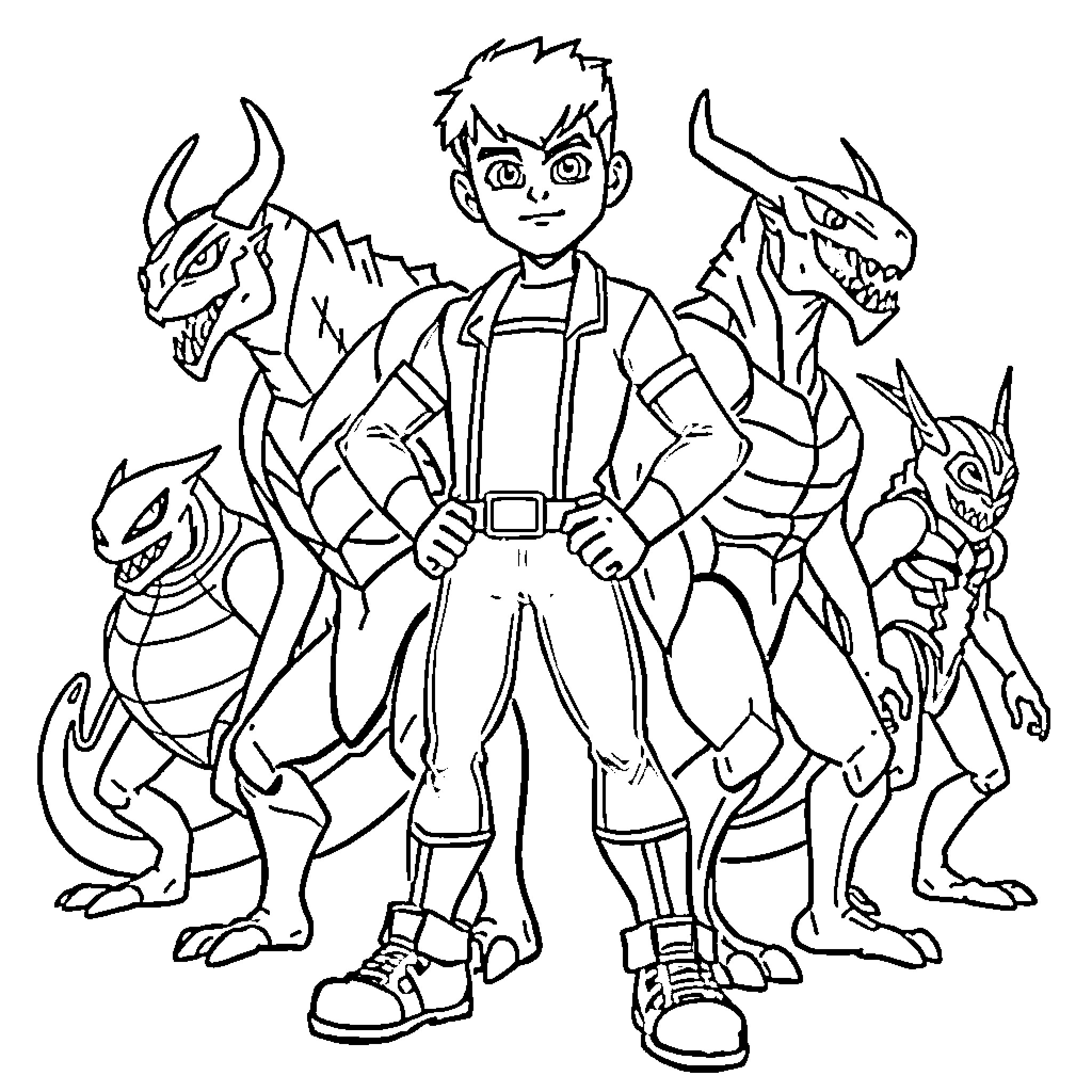 Ben 10 with his alien monster companions Coloring Page (free black-and-white line drawing printable PDF for all, from beginners to advanced learners, including children, teens, adults, and seniors)