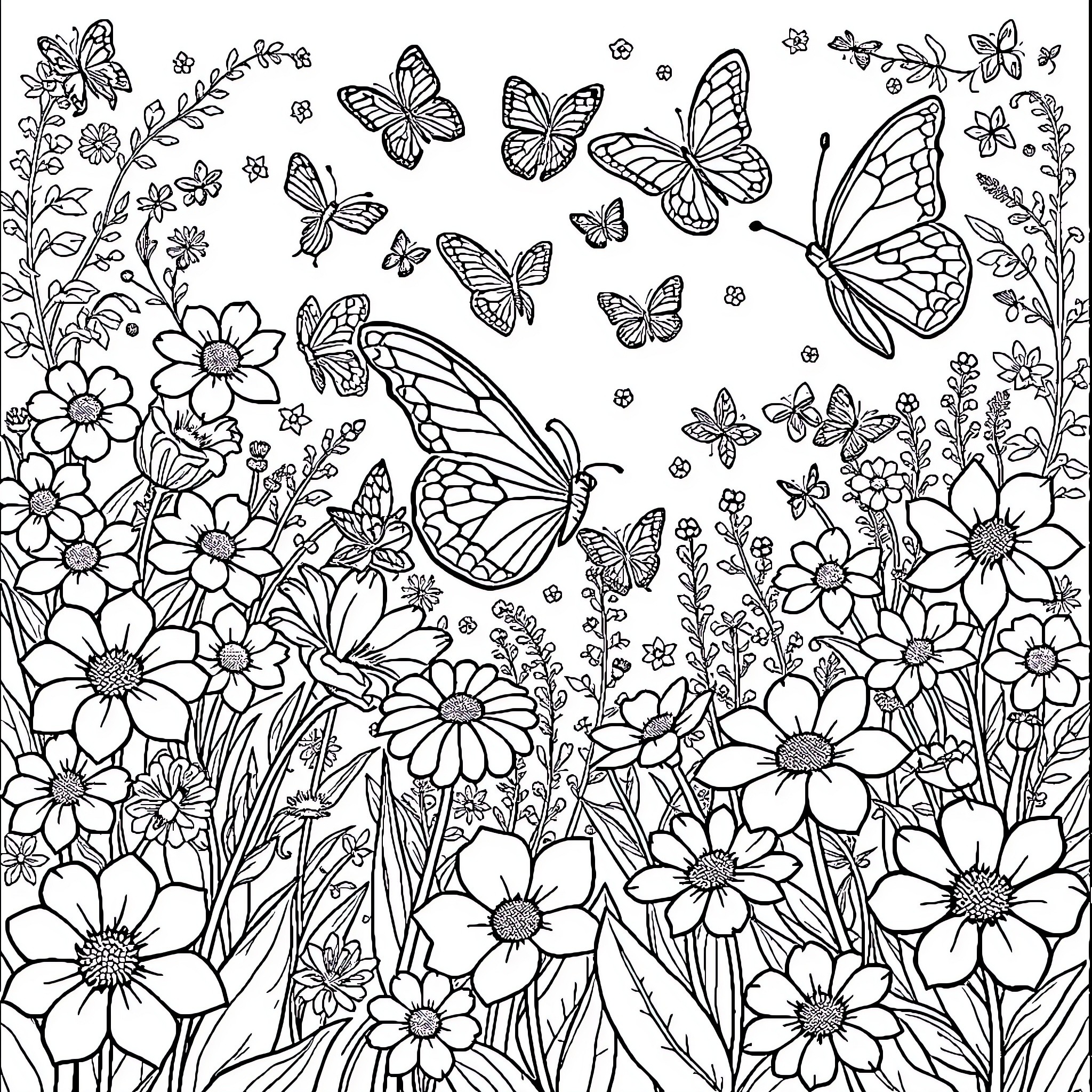 Butterfly Garden of Fluttering Delight Coloring Page (free black-and-white line drawing printable PDF for all, from beginners to advanced learners, including children, teens, adults, and seniors)