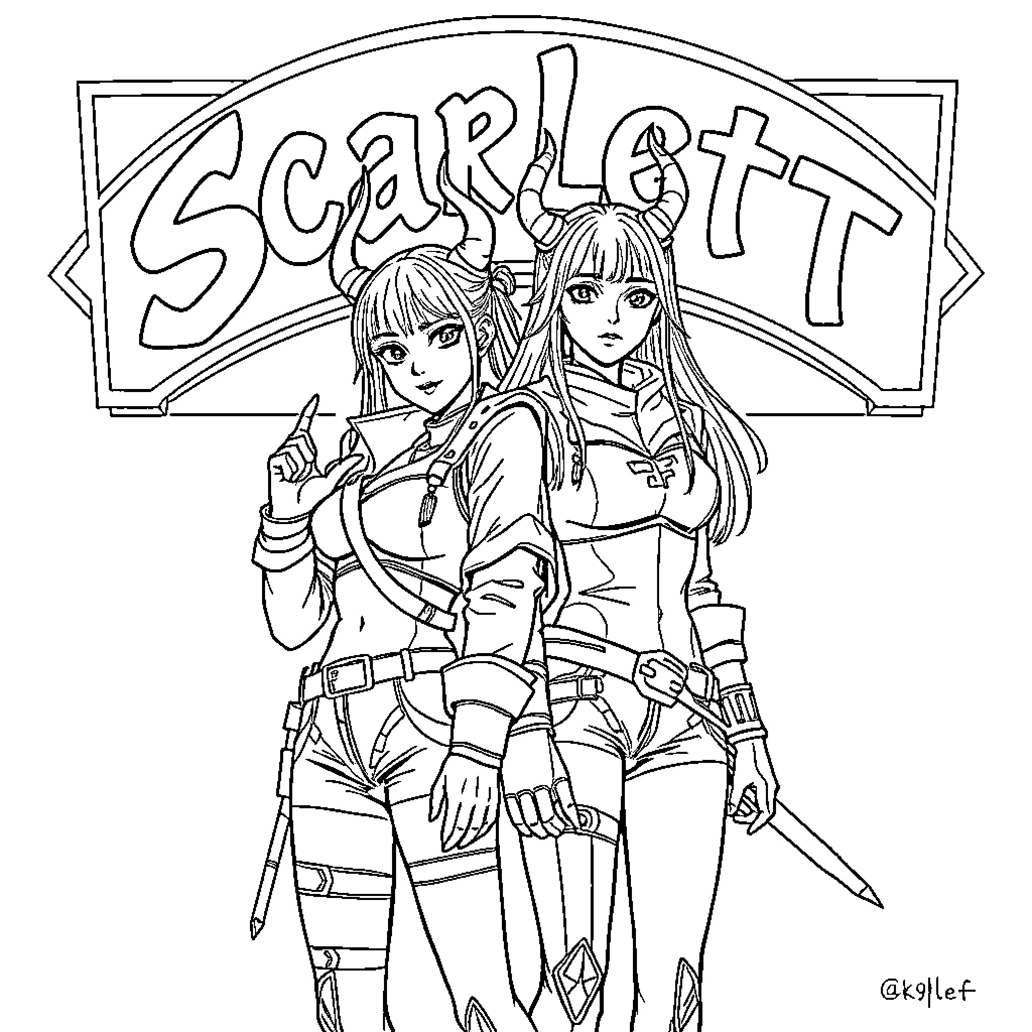 Demon Hunter Sisters Prepare for Battle Coloring Page (free black-and-white line drawing printable PDF for all, from beginners to advanced learners, including children, teens, adults, and seniors)