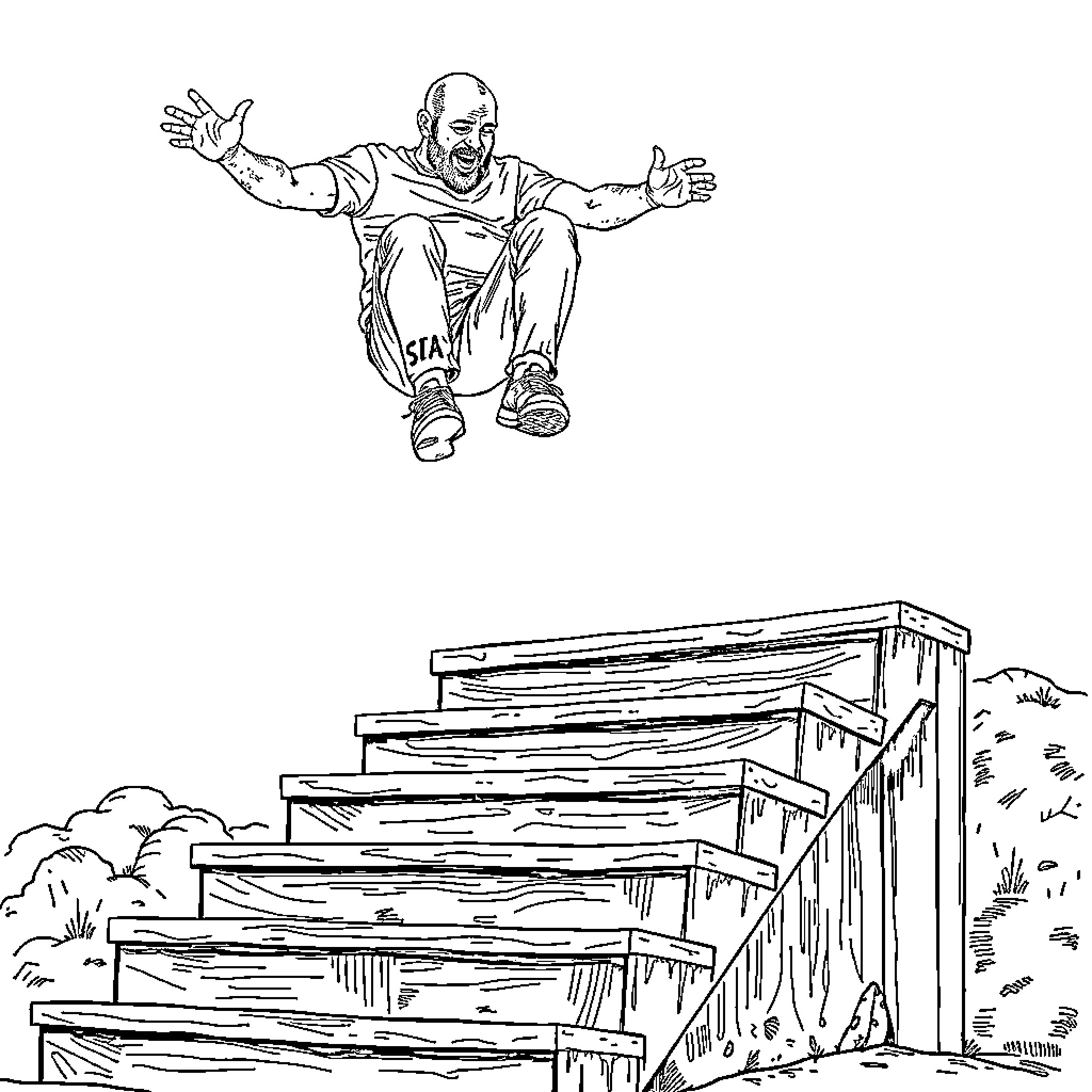 Joe Rogan Leaping Over Stairs in the Wilderness Coloring Page (free black-and-white line drawing printable PDF for all, from beginners to advanced learners, including children, teens, adults, and seniors)