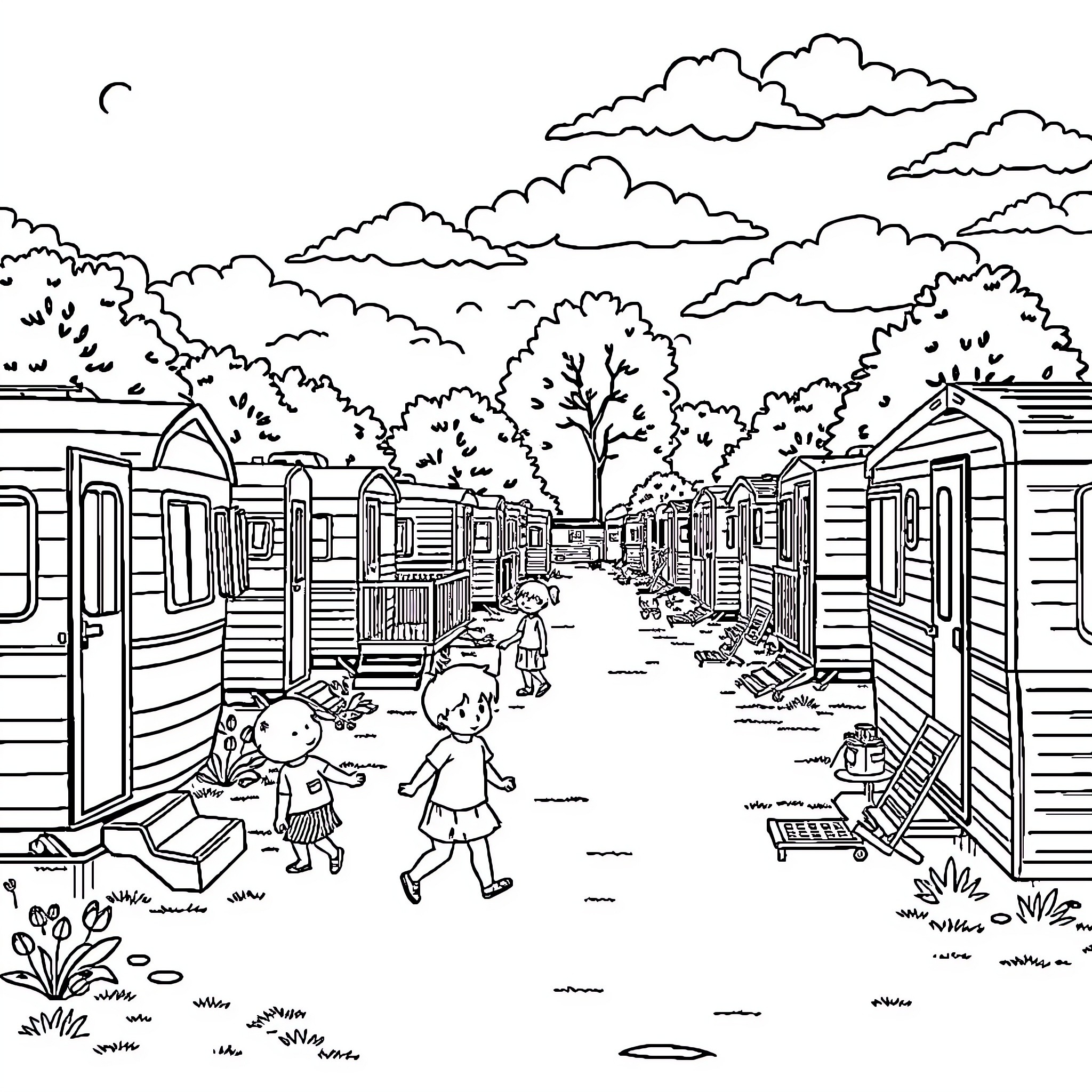 Trailer Park Residents Enjoying Outdoor Activities Coloring Page (free black-and-white line drawing printable PDF for all, from beginners to advanced learners, including children, teens, adults, and seniors)