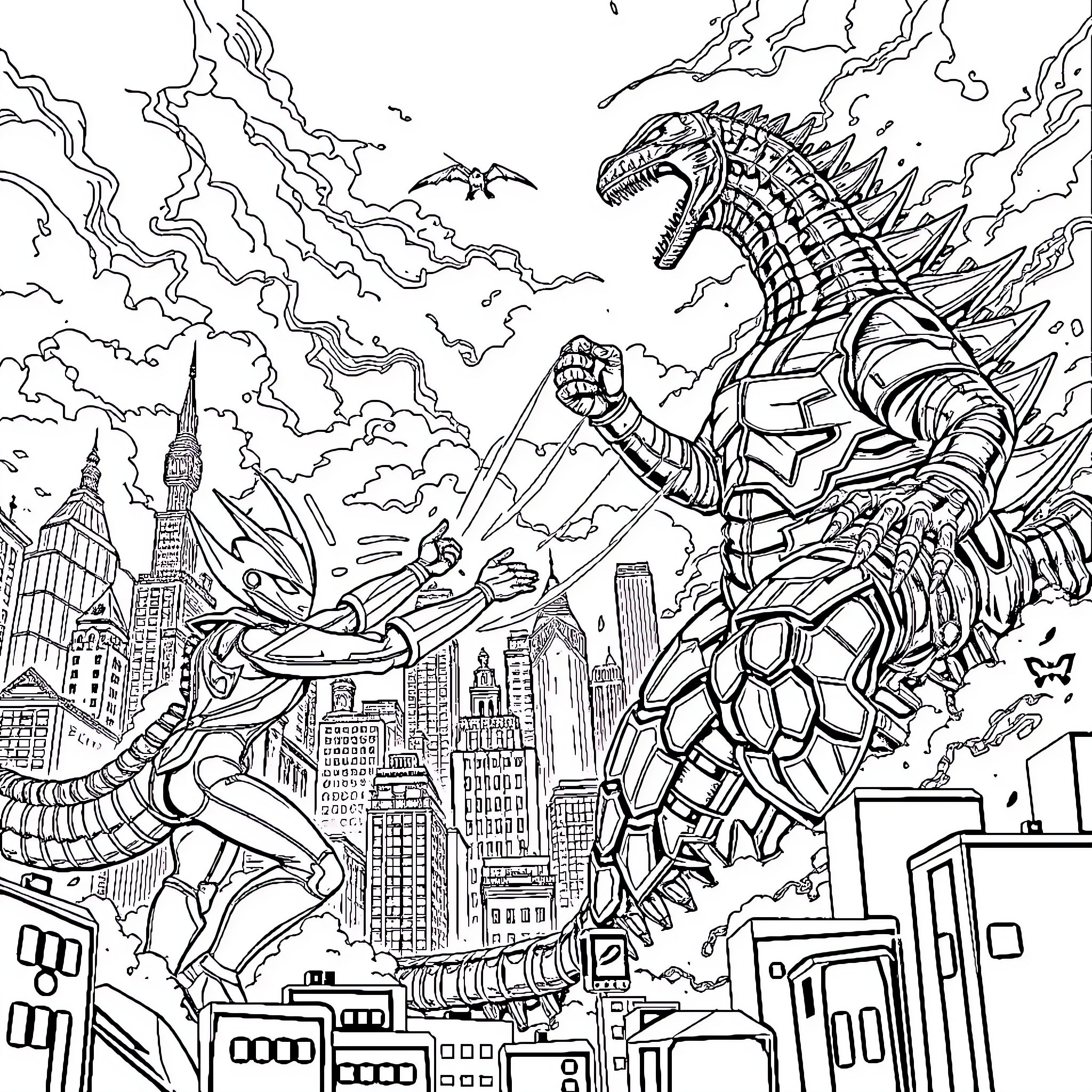 Ultraman battling a giant monster in the city Coloring Page (free black-and-white line drawing printable PDF for all, from beginners to advanced learners, including children, teens, adults, and seniors)